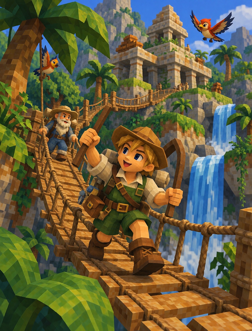 A cartoon adventurer crossing a rope bridge toward a jungle temple surrounded by giant leaves,  waterfalls and tropical bi...