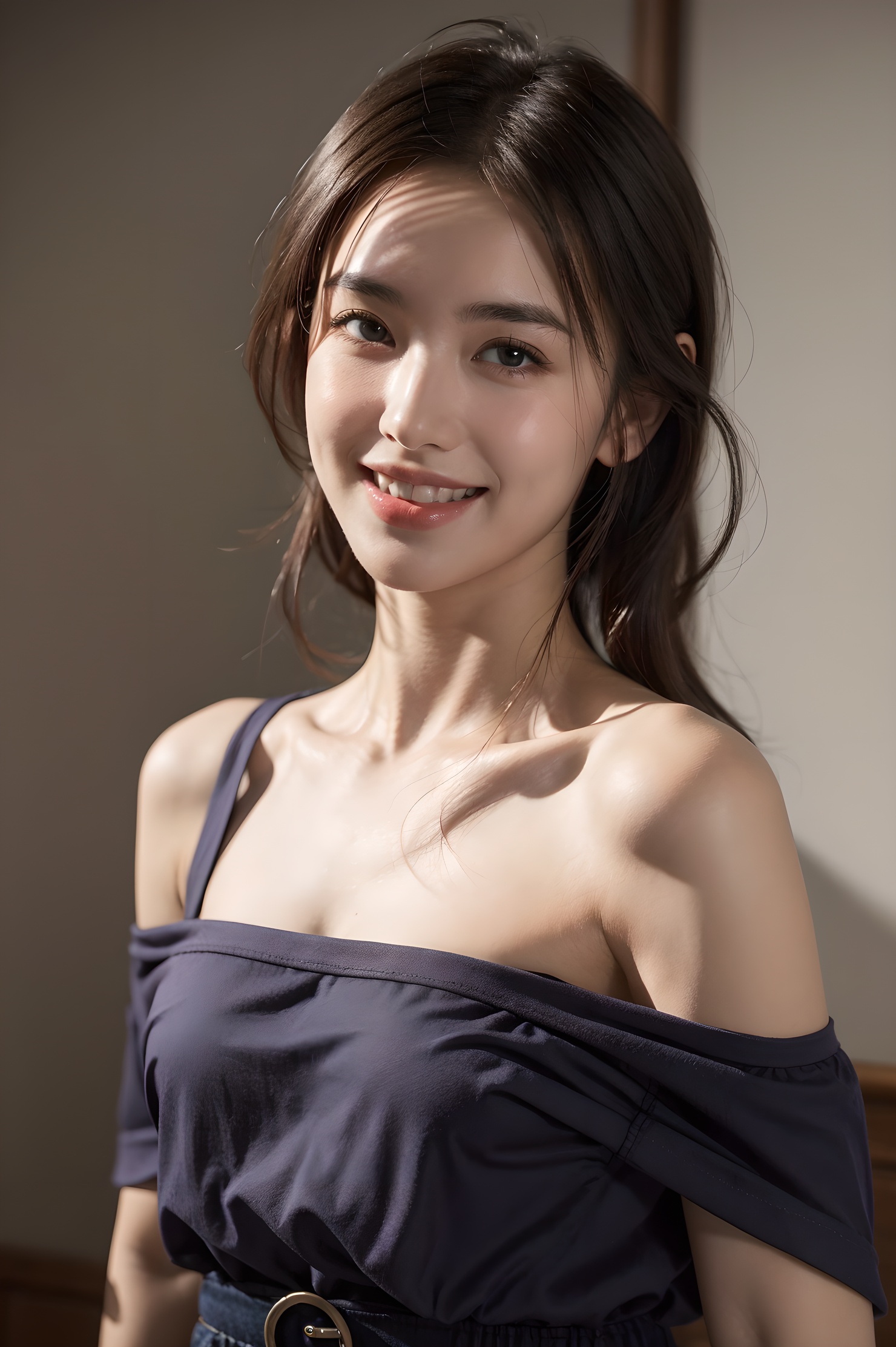 1girl, offshoulder, smile, cute, waist up, deep shadow, in the dark, low key.best quality, masterpiece, (photorealistic:1.4) .