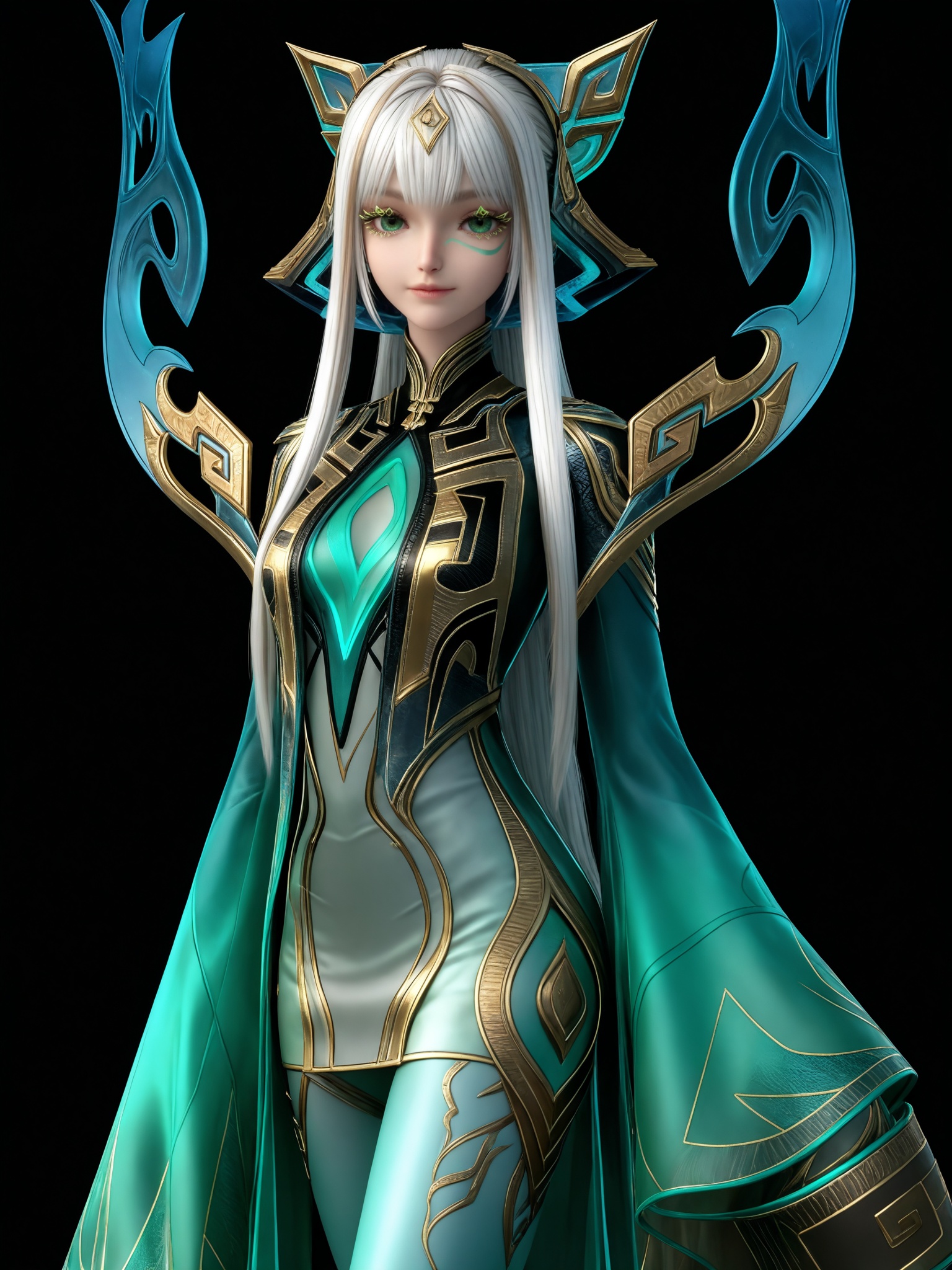 <lora:少司缘-巫礼祀神IL:0.8>,1girl,long,flowing white hair,green eyes,headpiece,luxurious,high-collared,form-fitting teal and gold,with intricate patterns outfit,high collar,long,flowing sleeves,, breasts,black background,standing,looking at viewer,
