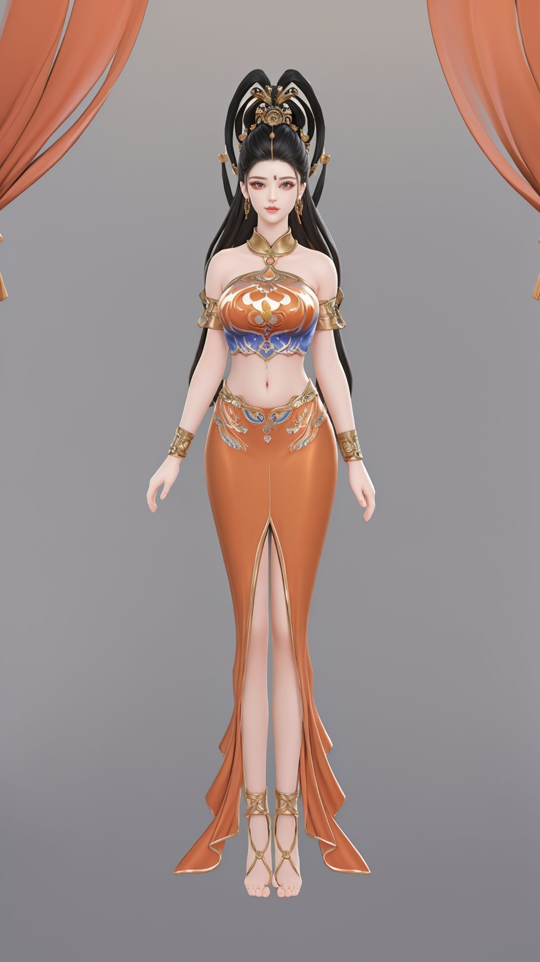 (1girl),smooth chin,masterpiece,detailed face,((hair ornament:1.2)),top quality,4k,make up,best quality,large breasts,(looking at viewer),ribbon,arms behind back,shawl,detached sleeves,forehead mark,legs,on street,full body,sitting on table,<lora:王者杨玉环遇见飞天_v1.0:0.9>,(big hair ring:1.5),hair ribbon,chinese clothes,orange skirt,midriff,anklet,armlet,