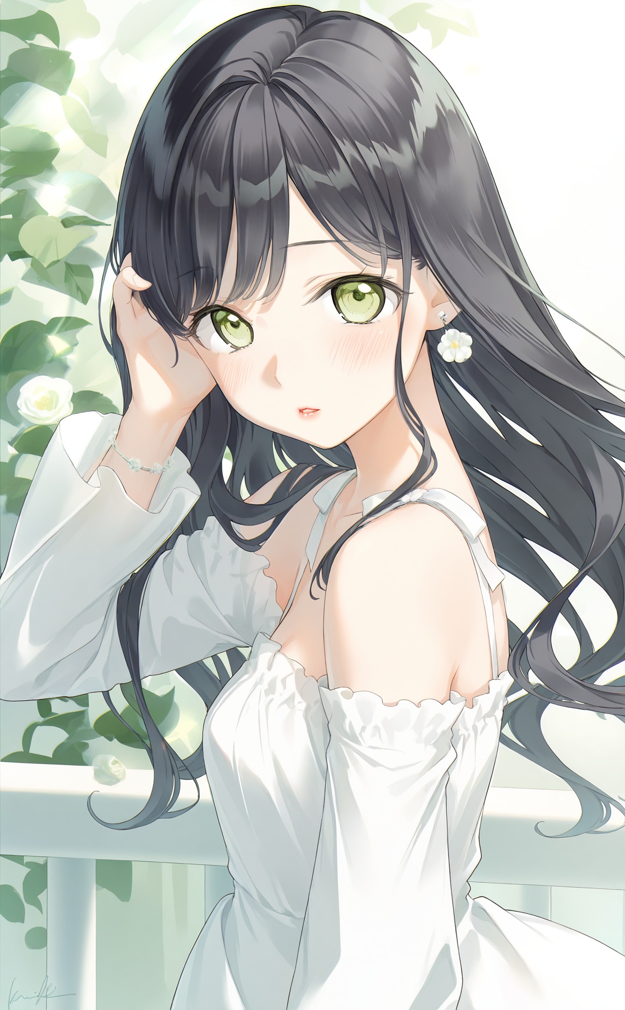 mmasterpiece,absurdres,best quality,petite,high quality,chromatic_aberration,//,1girl,solo,black_hair,white_dress,long_hair,dress,green_eyes,looking_at_viewer,earrings,jewelry,bare_shoulders,long_sleeves,parted_lips,railing,flower_earrings,blush,off-shoulder_dress,hand_up,upper_body,breasts,frills,detached_sleeves,medium_breasts,puffy_long_sleeves,signature,puffy_sleeves,from_side,bracelet,off_shoulder,hand_in_own_hair,hair_tucking,//,<lora:kinako_(shiratama_mochi)——【noob】hans:0.95>,