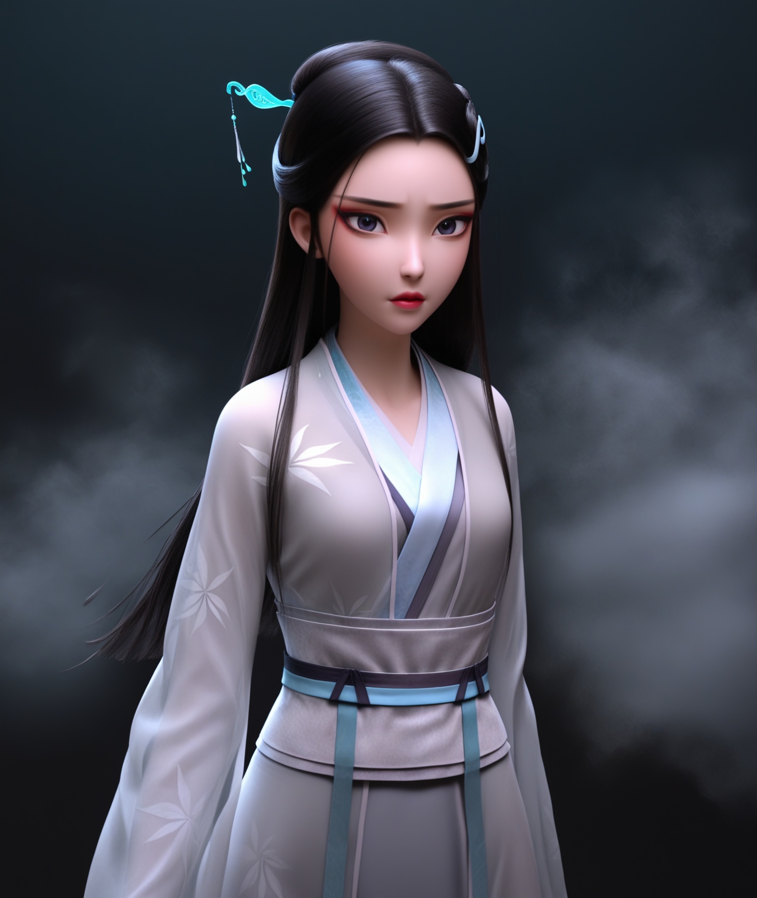 (score_9),masterpiece,best quality,absurdres,highres,(white_skin),light_skin,BREAKcollarbone,<lora:白素贞-ill:0.85>,baisuzen,1girl,solo,long hair,black hair,hair ornament,hairpin,makeup,hair ribbon,hanfu,maple leaf print,sash,belt,long sleeves,waist sash,see-through,looking at viewer,front view,light blush,cowboy shot,leg,BREAKsimple background,black background,rim light,Tyndall effect,Cinematic Lighting,fog,twig,branch,glowing,