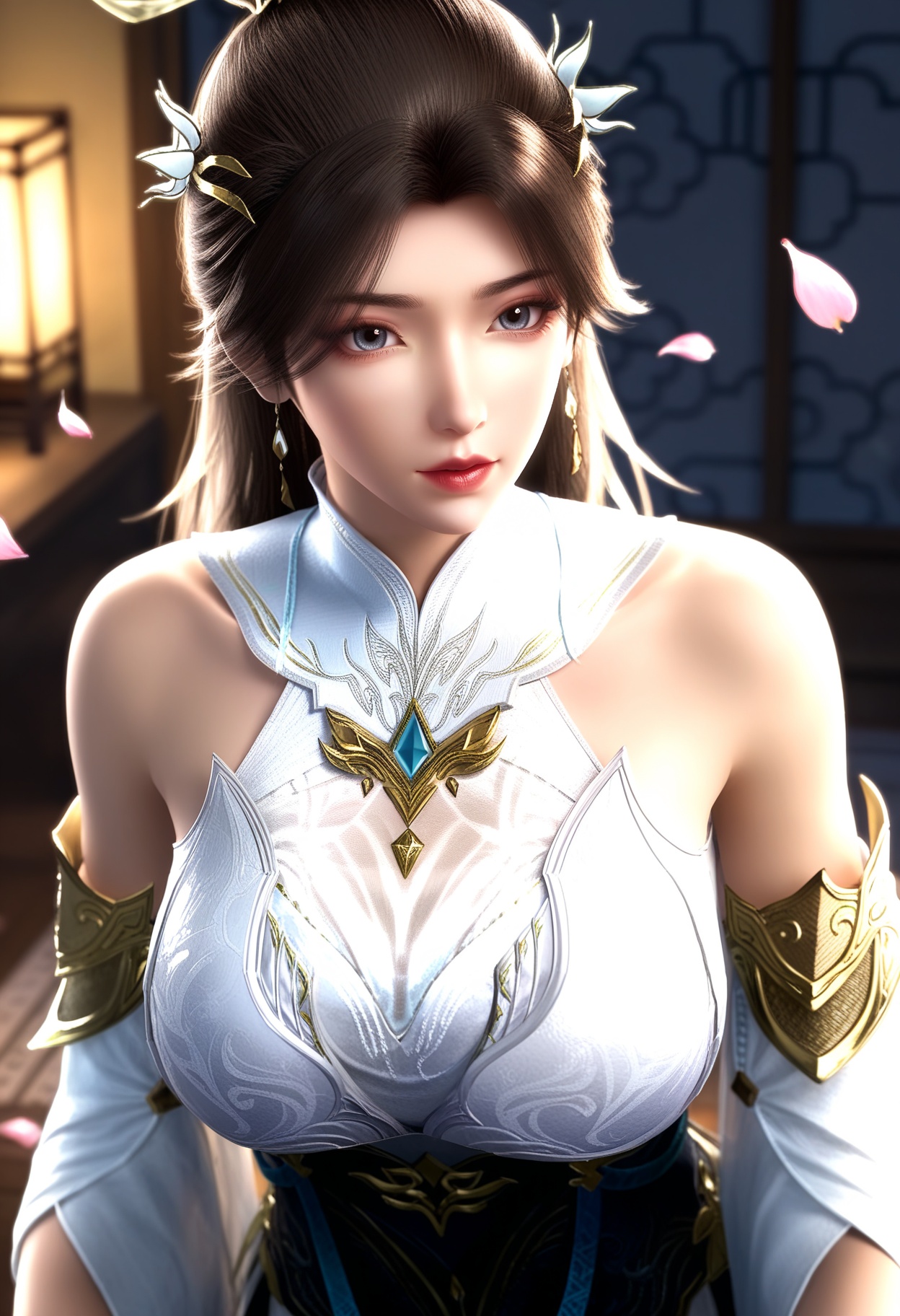 masterpiece,best quality,amazing quality,high resolution,ultra-detailed,absurdres,(looking at viewer:1.1),upper body,(Dark room:1.3),(moody lighting:1.1),peach blossom,falling petals BREAK large breasts,lingxi,1girl,solo,long hair,brown hair,jewelry,dress,hair ornament,earrings,bare shoulders,white dress,detached sleeves,hair bun,gloves,chinese clothes BREAK photorealistic details,<lora:QQSilllingxiV1:0.8>,