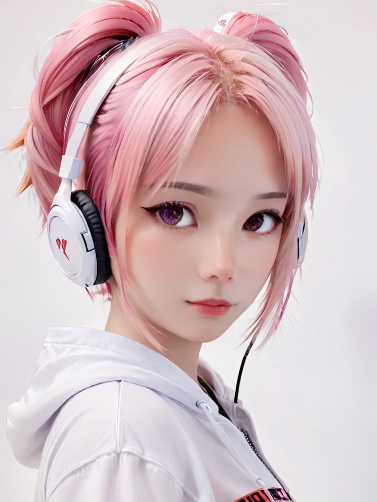doudou,1girl,pink hair,white esports earphones,(masterpiece, top quality, best quality, art, beautiful and aesthetic:1.2),extreme detailed,highest detailed,Realistic skin texture,realistic photos,realistic,white background,<lora:doudou-000009:1>,standing,close-up,