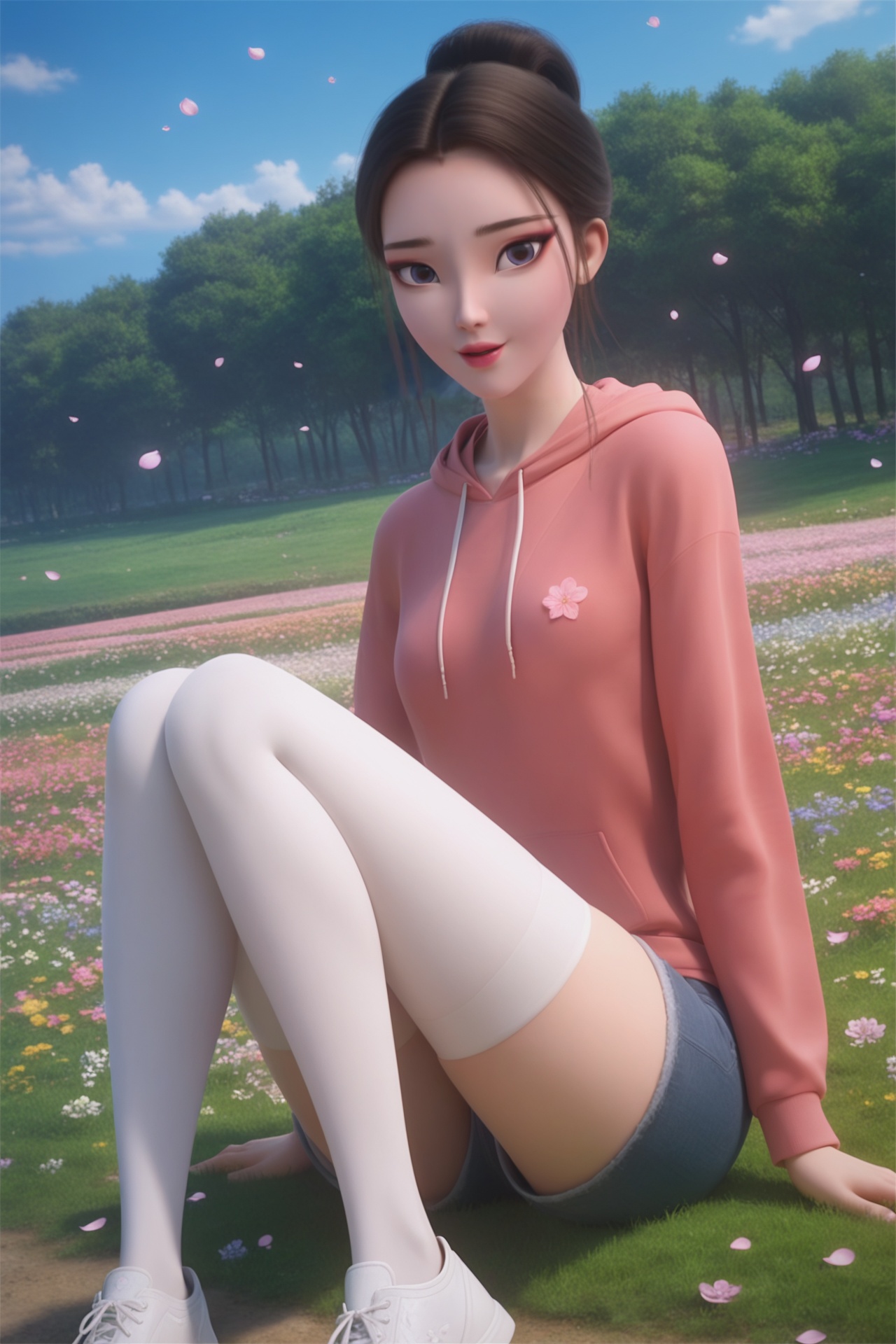 baishe,<lora:baisheXL:0.7>,1girl,solo,score_9,score_8_up,score_7_up,32K UHD,8k,4k,best quality,extremely detailed cg 8k wallpaper,ultra-detailed,masterpiece,sharp focus,unconventional supreme masterpiece,masterful details,temperate atmosphere,with a high-end texture,luxurious sharp focus,intense,dynamic cinematic color,located artistic,Fashion and art,elegant and sophisticated,innovative use of light and shadow,decorative,allegorical,symbolic,with a high-end texture,day,sky,outdoors,flower,flower field,petals,sitting,pale skin,looking at viewer,small breasts,sweatshirt,thighhighs,shorts,shoes,