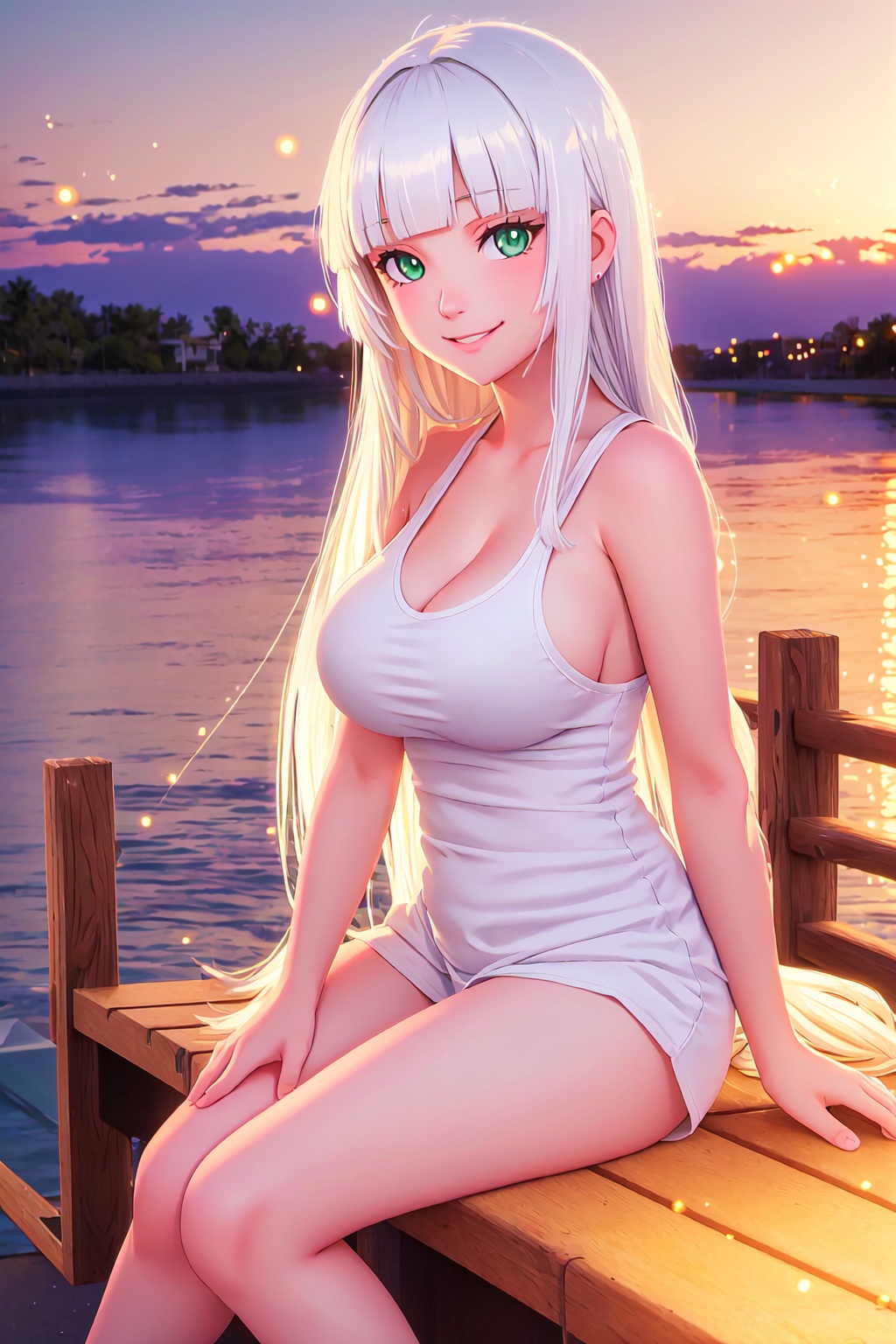 long hair,  white hair,  green eyes on Tensor.Art