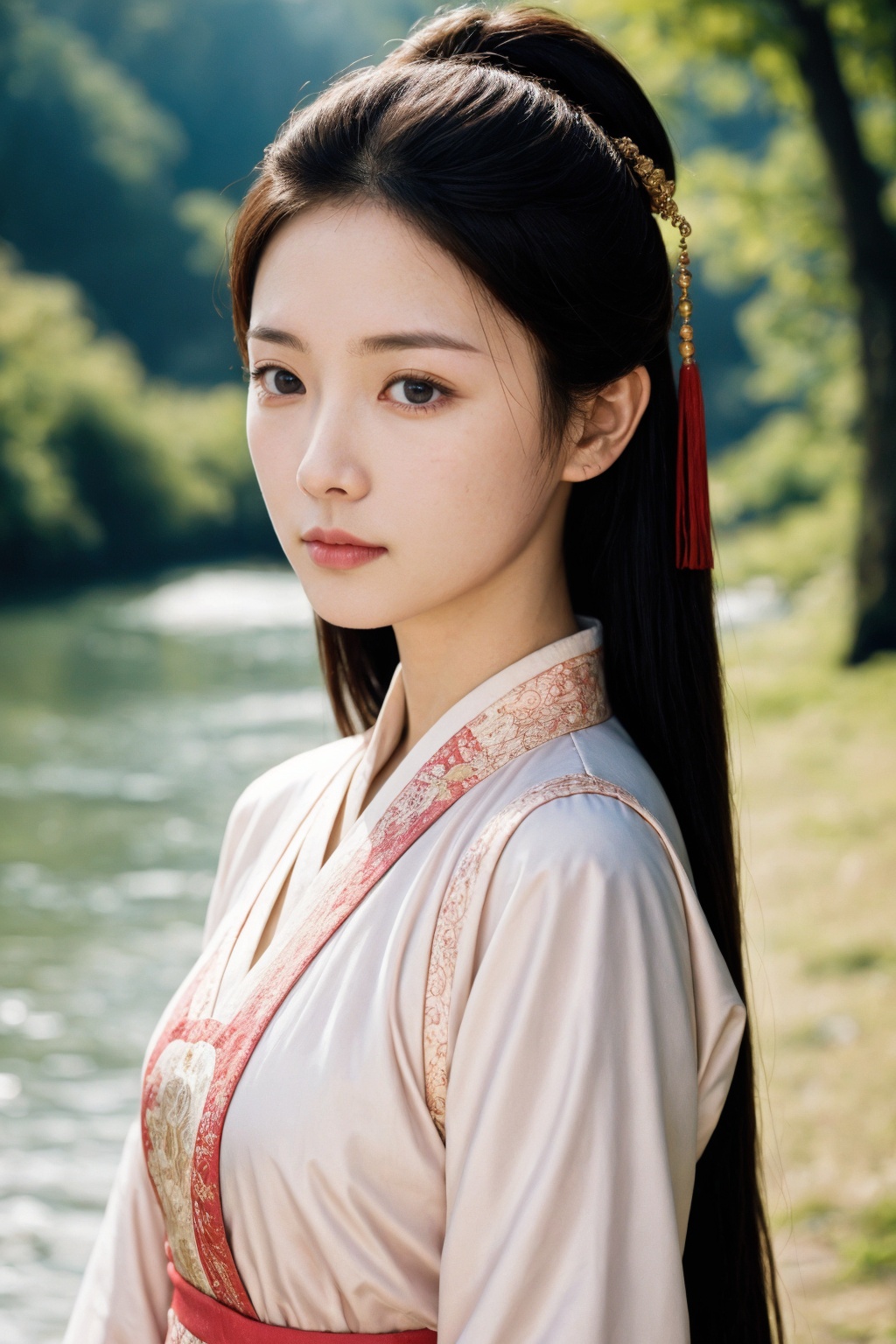 girl, pink chinese clothes, realistic skin, skin pores, upper body, film grain, realistic, photorealistic, river,