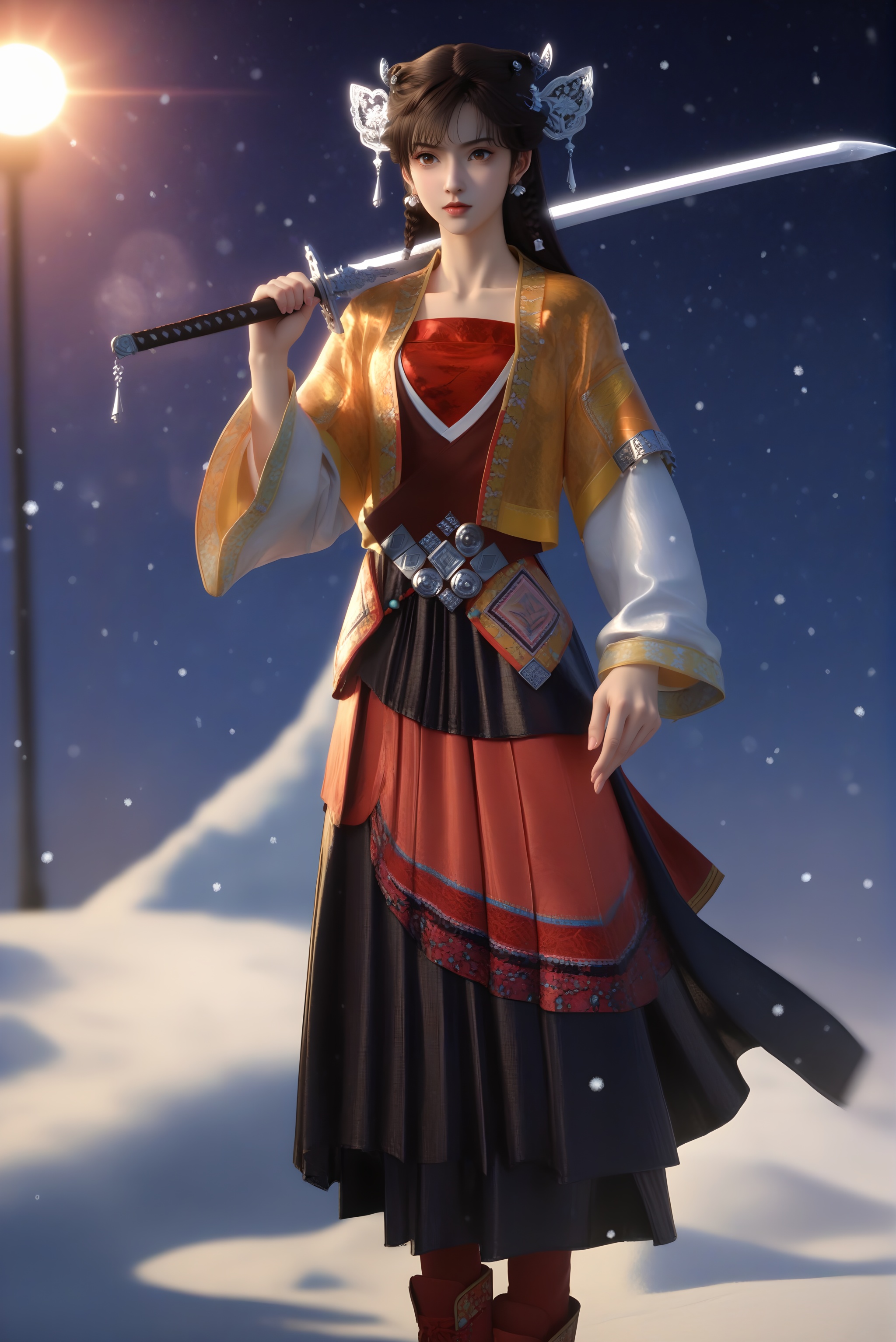 (score_9),xuejian,<lora:雪见-pony:0.83>,1girl,solo,dangling tassels,filigree design,butterfly-shaped hairpiece,silver hairpins,hair ornament,dark brown hair,pearl beads,pearl earrings,twin braids,long hair,light blush,brown eyes,layered_dress,short jacket,red tube top,puffed sleeves,white inner sleeves,waist belt,embroidered cuffs,red skirt,traditional chinese footwear,standing,(pleated skirt),black skirt,red long_skirt,black short_skirt,collarbone,weapon,sword,holding weapon,holding,holding sword,snow,snowing,snowflakes,simple background,black background,rim light,Volumetric Lighting,lens flare,Tyndall effect,depth of field,bokeh,sparkle,moon,star \(sky\),purple sky,