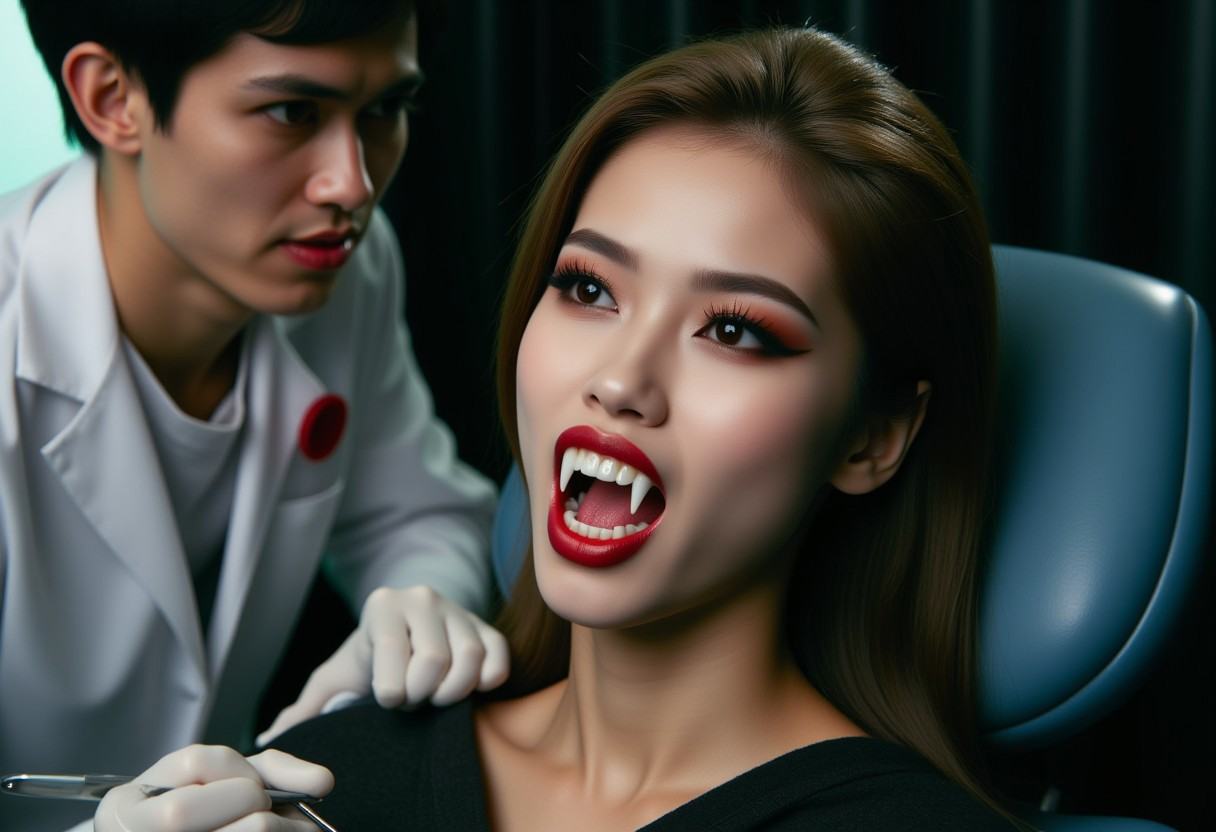 Vampyfangs1. a film still photo. 35mm. 4k. From a 2003 movie. An asian vampire woman is showing off her fangs,  she is at...