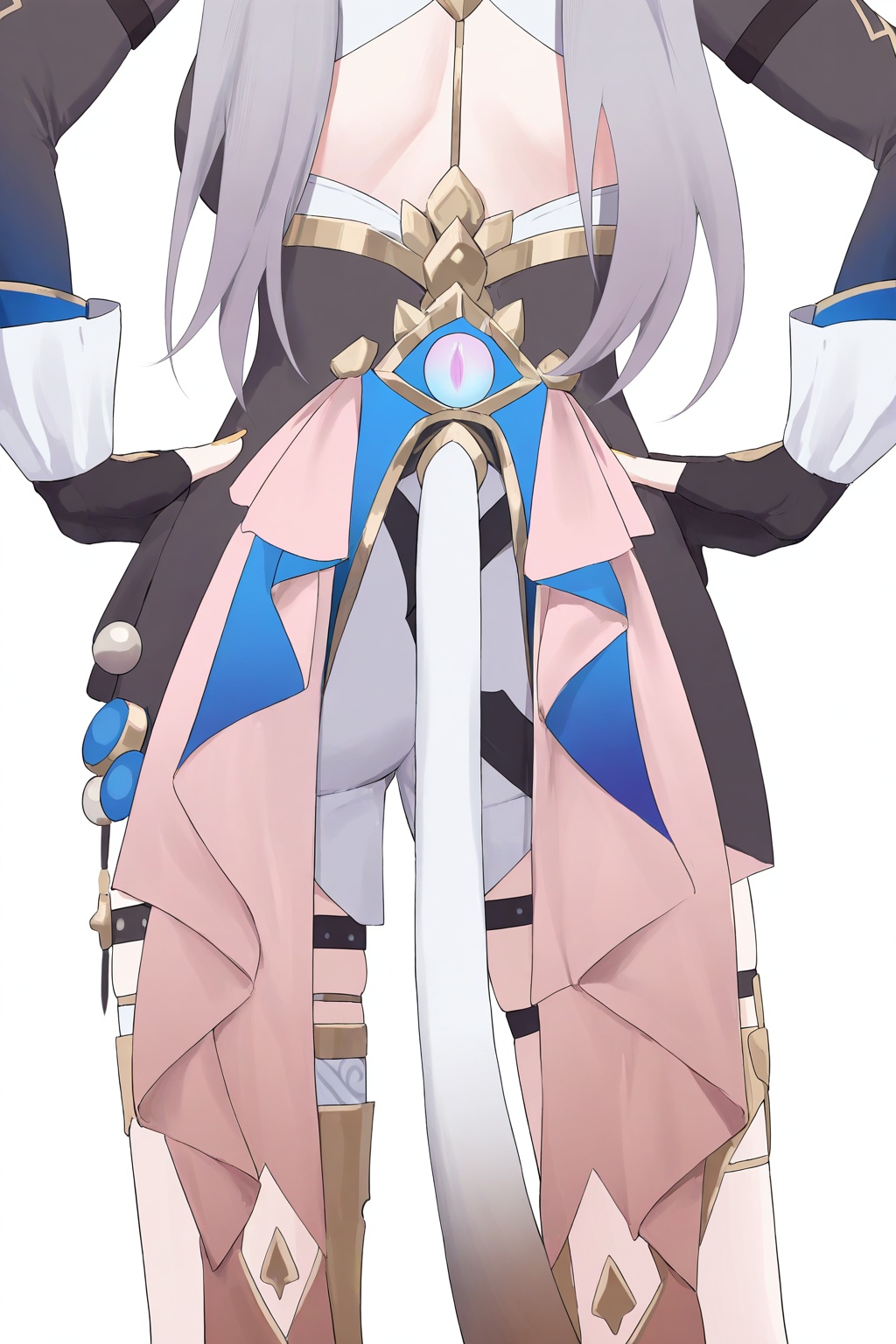 Cipher\(honkai:star rail\), 1girl, solo, tail, gloves, white background, head out of frame, breasts, simple background, shorts, hands on own hips, cat tail