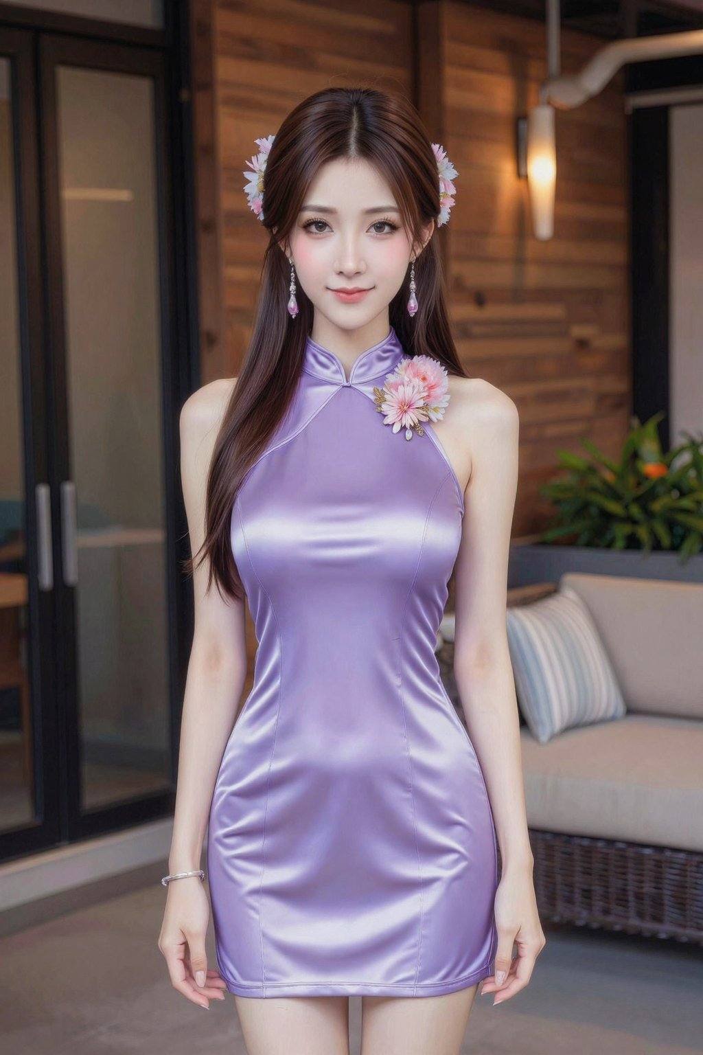 This photograph features a young Asian woman with fair skin and long, straight brown hair adorned with pink and white floral hairpins. She is wearing a shiny, lavender satin halter dress that accentuates her slim figure and small breasts. A pink and white flower brooch is pinned to the dress's left side. She has pink earrings and is smiling softly. The background includes a wooden-paneled wall, a black-framed glass door, a beige outdoor sofa with a striped pillow, and a potted plant with orange flowers. Warm, modern wall sconces are mounted on the wall. The overall setting suggests a stylish, contemporary outdoor space., cheongsam, sleeveless cheongsam, sleeveless cheongsam dress, high collar cheongsam, qipao, halter-neck cheongsam dress, <lora:20251228_TinZ-ImageCheongsamLora10:1>