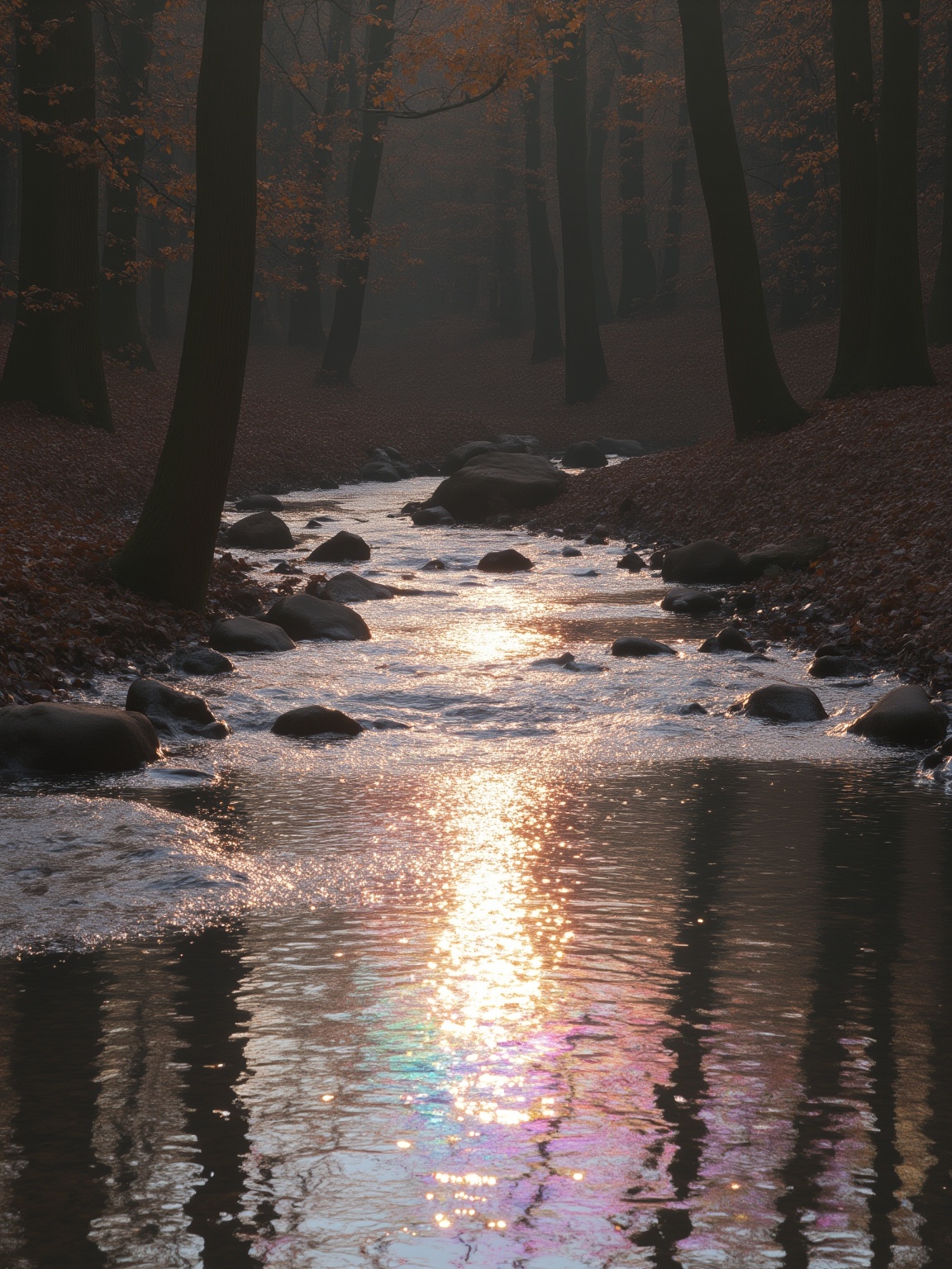 <lora:虹影9:0.7>,hongying,a stream in the forest,sparkling water,the water reflects the colorful reflection,