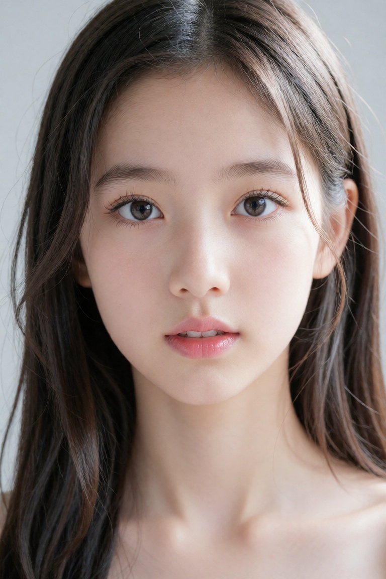 A headshot portrait of a young East Asian female,  appearing to be in her late teens,  is centrally framed. She has long b...