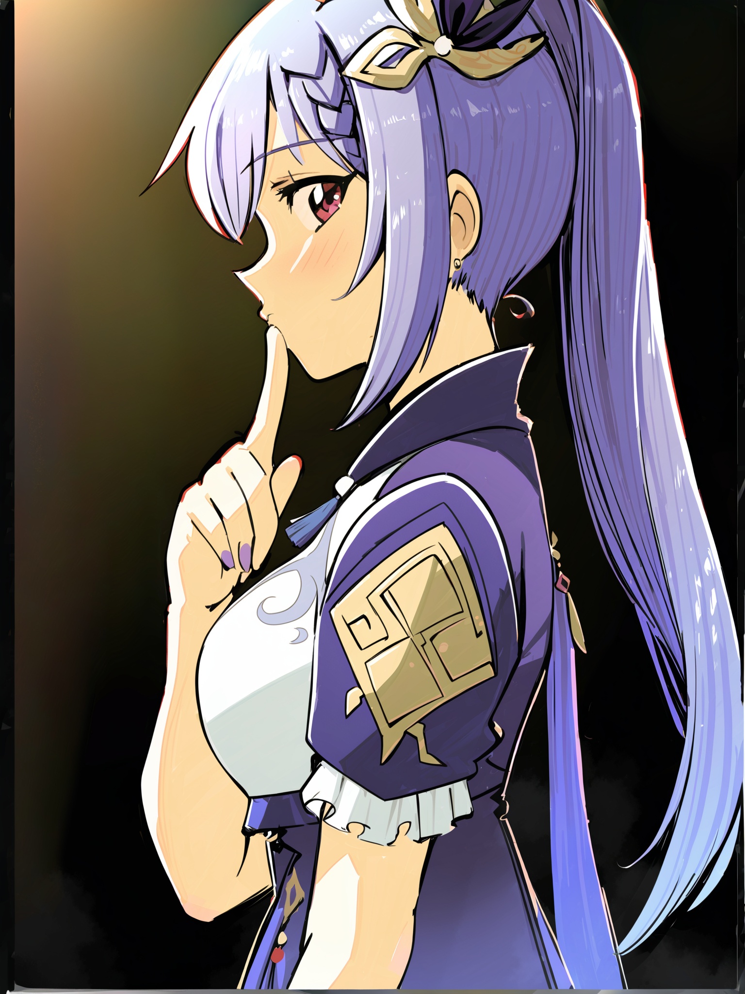 masterpiece, best quality, <lora:style05-xl:1>,keqing \(genshin impact\),purple dress,from side,solo, 1girl, finger to mouth, looking at viewer, upper body,