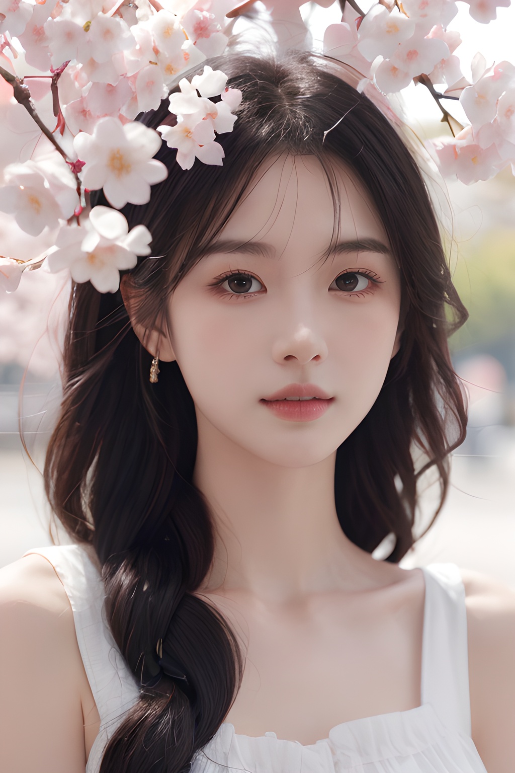 <lora:0810_01:0.7>,a girl with a dreamy expression,surrounded by floating cherry blossom petals in a soft breeze,springtime magic,gentle radiance.korean girl,black hair,, 1girl,realistic,masterpiece, best quality, photorealistic, HDR,detail