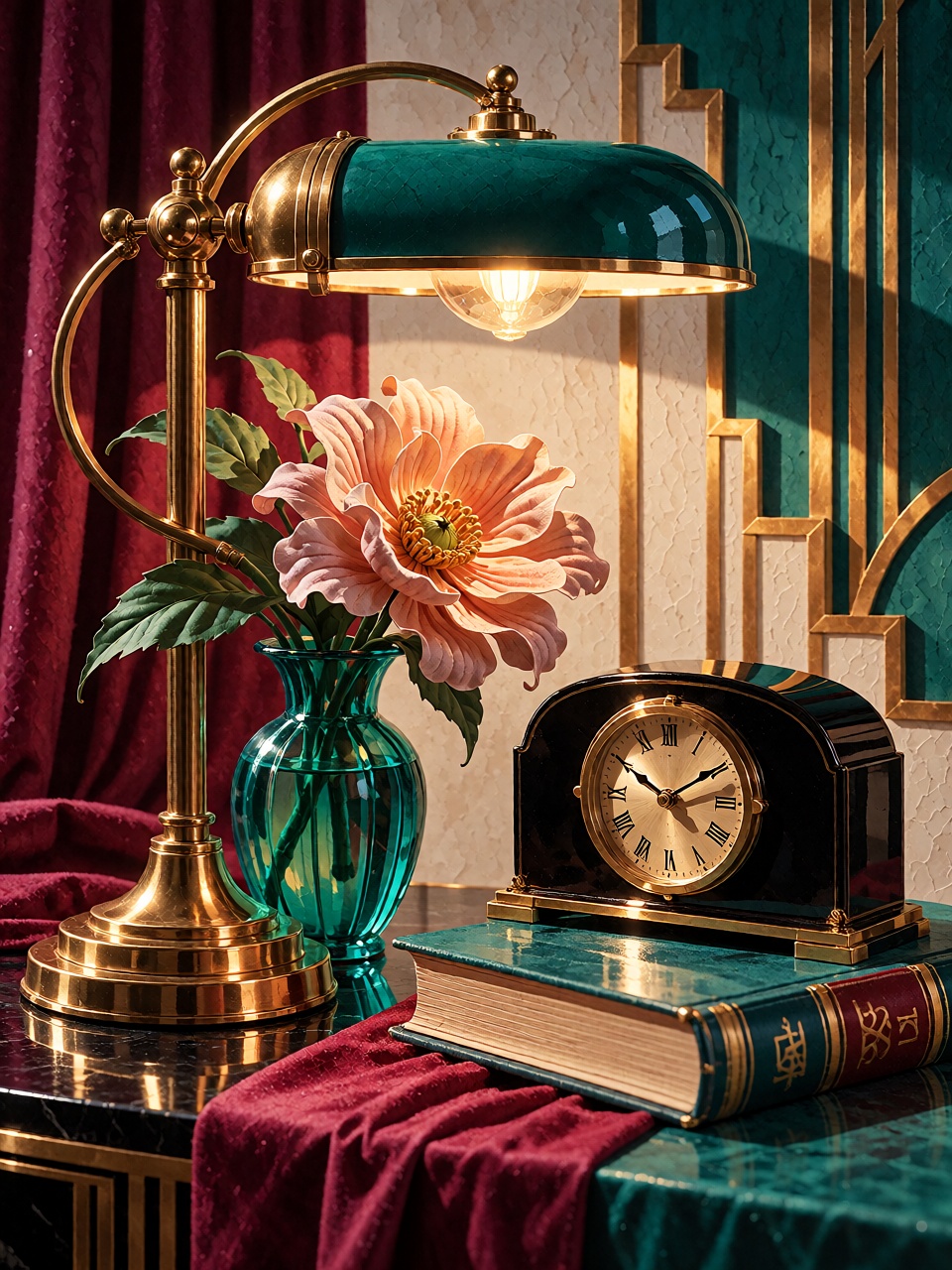 An elegant still life of a brass desk lamp,  a glass vase with one sculptural flower,  a small stack of books and a lacque...