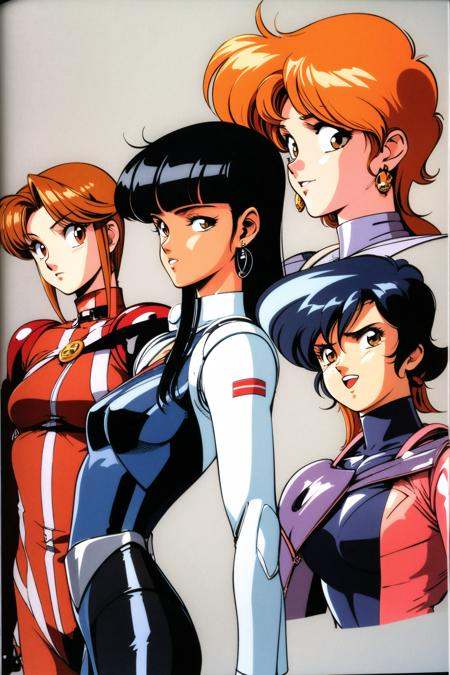 retro artstyle, 1980s (style), multiple girls, long hair, brown hair, jewelry, earrings, orange hair, bodysuit, boots, open mouth, gloves, black hair, 3girls, brown eyes, high heels, looking at viewer, 1boy, short hair,<lora:Kenichi Sonoda:0.8>