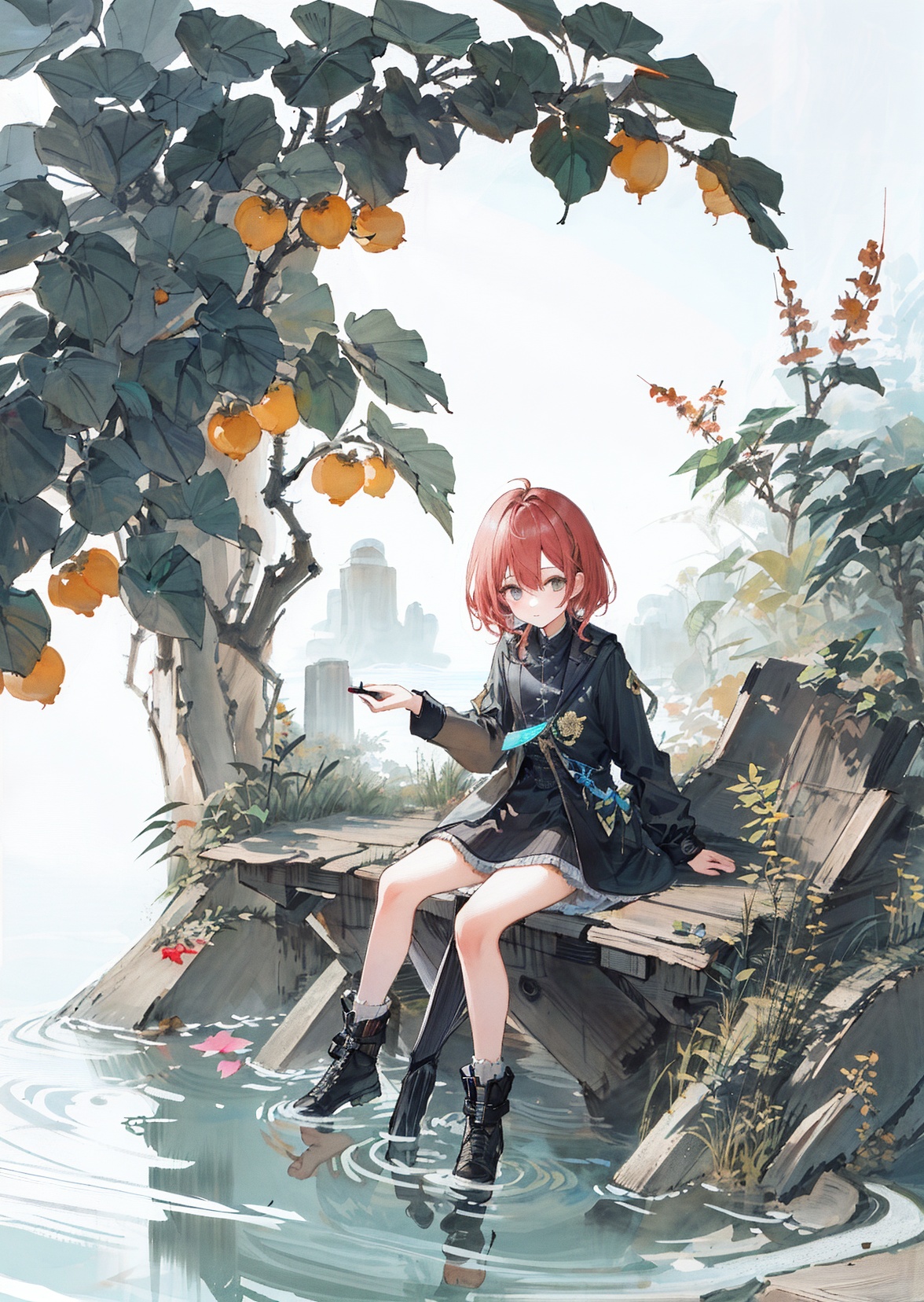 huaniao, [(white background:1.5)::5], 1 girl, mid shot, full body, butterflies, flowers,floating petal,stone fragment, beautiful detailed water,cloud,sun,dusk,sunset,beautiful detailed gate,  <lora:huaniao:1>