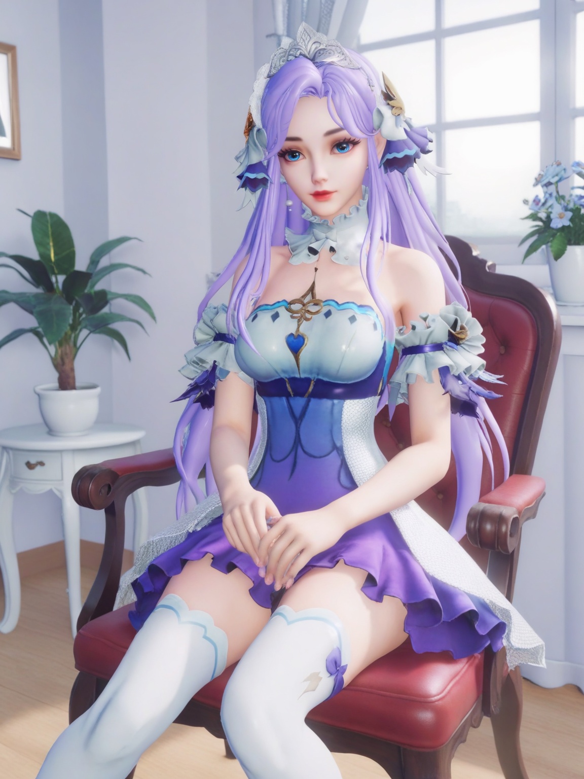 score_9,<lora:SF_DaQiao_ZAHJ_Pony_Realism2.3-000004:0.7>,1girl,SFDaQiao,solo,breasts,looking at viewer,dress,hair ornament,purple hair,long hair,lipstick,makeup,eyelashes,eyeshadow,thighhighs,sitting,blue footwear,white thighhighs,chair,window,indoors,flower flower pot,