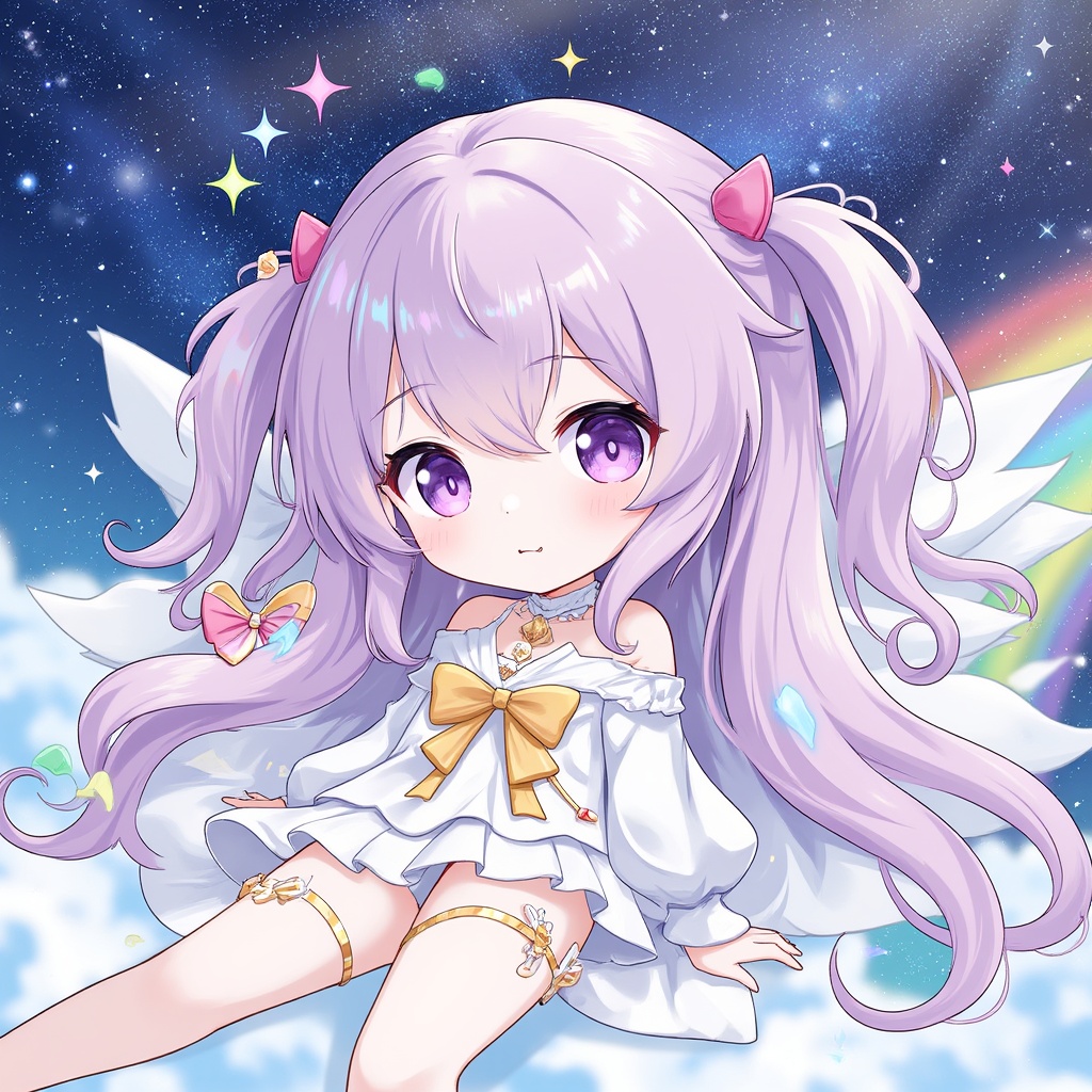 chibi,an anime girl,chibi,floating and rainbow long hair,Iridescence and rainbow, beautiful detailed starry sky,