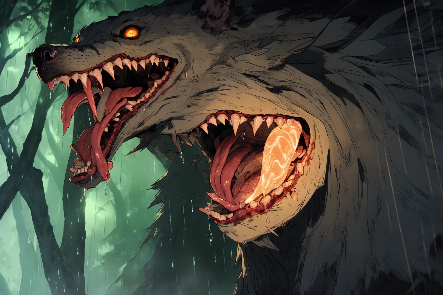 (masterpiece:1.2),best quality,highres,extremely detailed CG,no humans,tongue,teeth,sharp teeth,open mouth,forest,nature,tongue out,monster,dog,from side,glowing,glowing eyes,fangs,rain,animal,tree,solo,yellow eyes,<lora:FF_20240416081553-000007:1>,