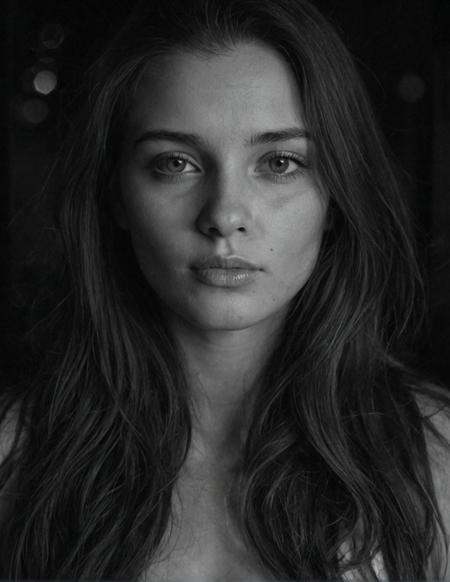 score_9, score_8_up, score_7_up,photo,(realistic skin:1.2),(pores),portrait shot, close up, 1girl, long hair, pale lips,black and white,monochrome,greyscale,cinematic,film grain,bokeh,depth of field,dramatic shadow,dramatic lighting,vintage,analog,skin imperfection,upper body,(symmetrical:1.2),(backlight:1.2)