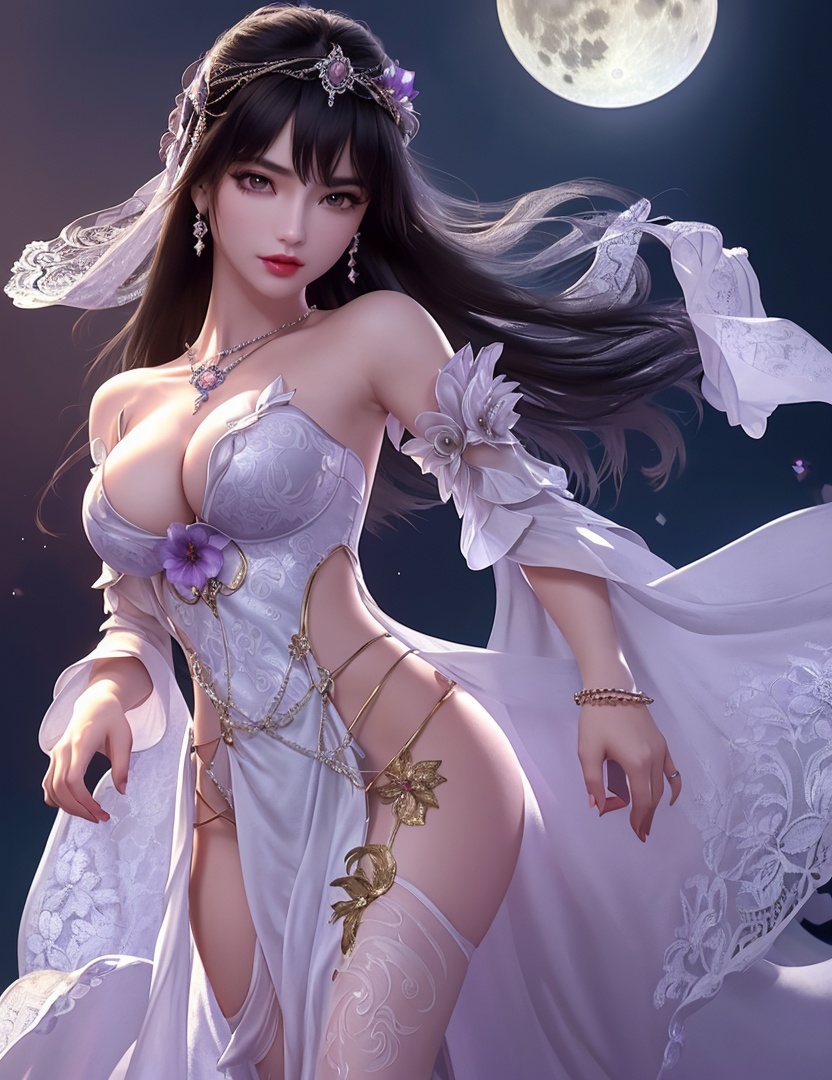 ultra realistic 8k cg, picture-perfect face, flawless, clean, masterpiece, professional artwork, famous artwork, cinematic lighting, cinematic bloom, perfect face, beautiful face, fantasy, dreamlike, unreal, science fiction,   lace, lace trim, lace-trimmed legwear,  (rich:1.4), prestige, luxury, jewelry, diamond, gold, pearl, gem, sapphire, ruby, emerald, intricate detail, delicate pattern, charming, alluring, seductive, erotic, enchanting, hair ornament, necklace, earrings, bracelet, armlet,halo((,1girl, pov,))(((1girl, jewelry, solo,, breasts, , looking_at_viewer,  outdoors,  full moon,  upper body,  purple flower, )))    <lora:DA_YueChanTeen:0.7>