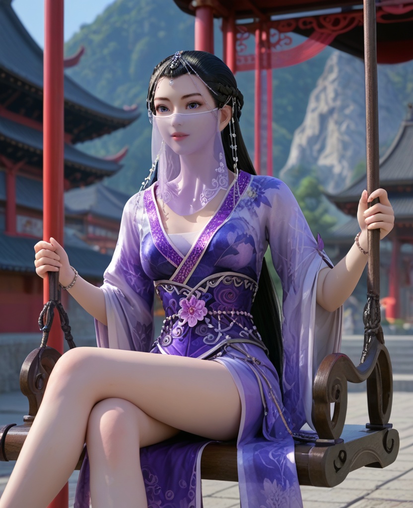 (oriental architecture, elegant decor, sophisticated style:1.1),(Sitting on a swing, legs kicked forward, laughing with pure delight,:1.1),(breasts:1.2),<lora:XL16墓王之王沐雪离第一版:0.95>,miss muxueli,blue violet gown with floral print,blue eyes,see-through veil,black hair,half-up crown braid with long cascading hair,head chain,sash,bracelet,, score_9,score_8_up,score_7_up,score_6_up,score_5_up,score_4_up,3d rendering,tag1,tag2, Cinematic Lighting,backlighting,