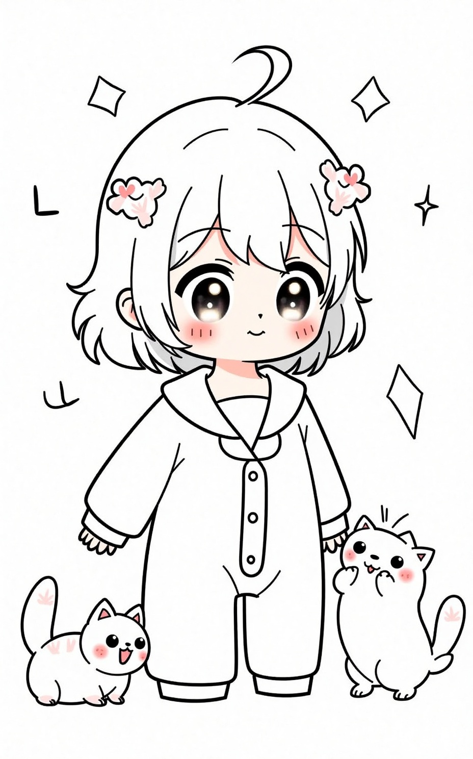 Hand-drawn comics,Hand-drawn comics,black and white line-patterned (cute girl wearing pajamas and holding a cute cat in her hand),