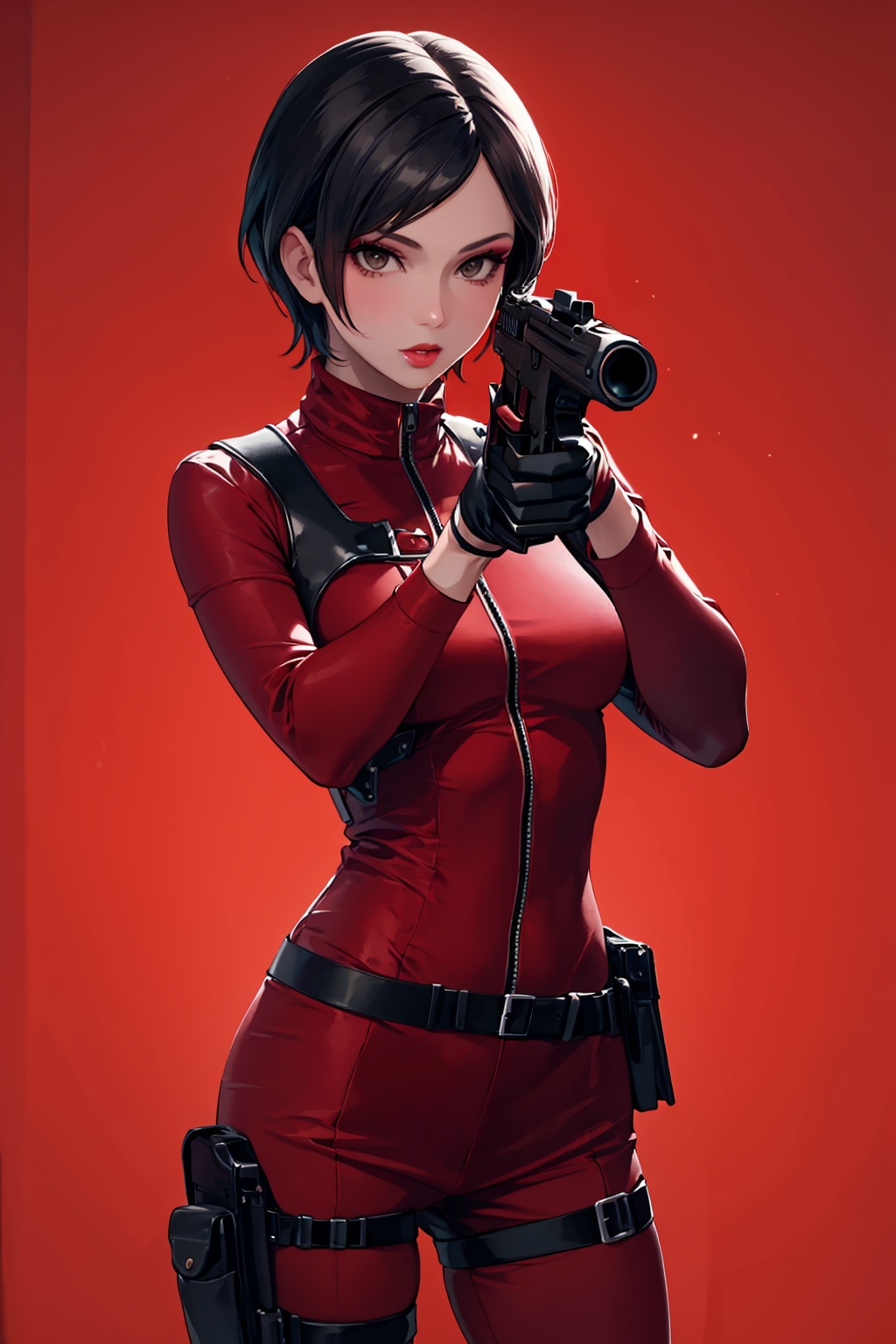 masterpiece,best quality, highly detailed, ada wong,1girl, solo, handgun, gloves, lips, holster, bodysuit, red background, holding gun, makeup, trigger discipline,<lora:ada_wong:1>