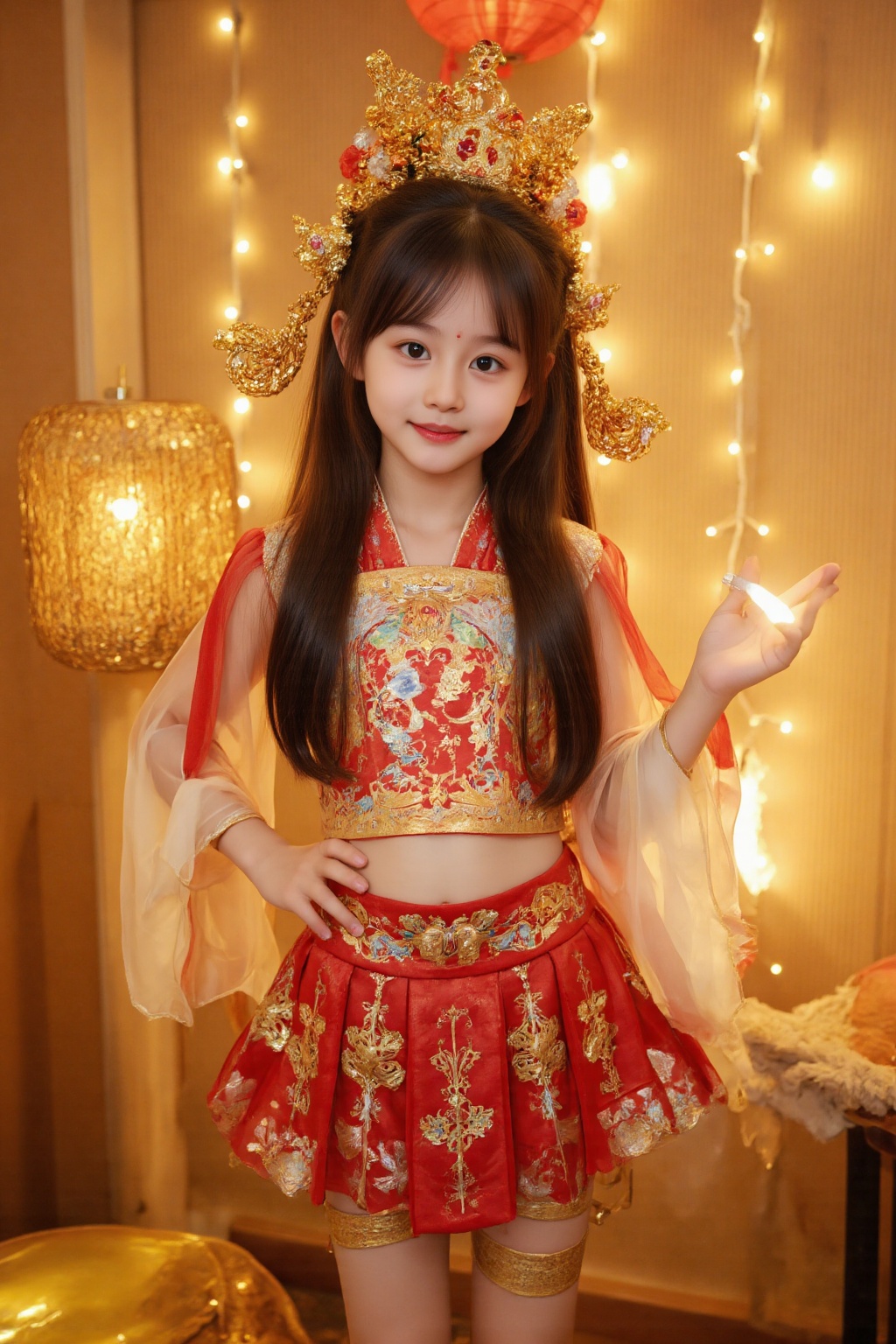 tyz,A 6-year-old girl with long black and smooth hair stood in the corner of a room with warm lights. She was wearing the traditional God of Wealth costume,and a red mini skirt embroidered with golden patterns fluttered gently with her movements. Her thighs were tied with golden straps,adding a touch of luxury. A bright smile bloomed on his face,conveying a festive atmosphere. She was tall and straight,with one hand on her hip and the other slightly raised,as if she was sending blessings to the people in the room. The camera shot at a 45-degree angle,bringing her whole body into the lens,and the light shines behind her,creating a warm and shiny effect. There are several decorative lanterns in the background,further creating a festive atmosphere.,