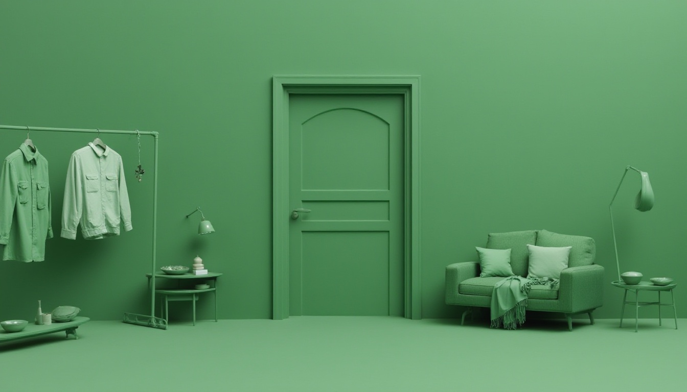 <lora:FL-bailing-24-0911monochromatic8p:1>,bailing_monochromatic,Green,door,clothes_rack,table,chair,frame,couch,