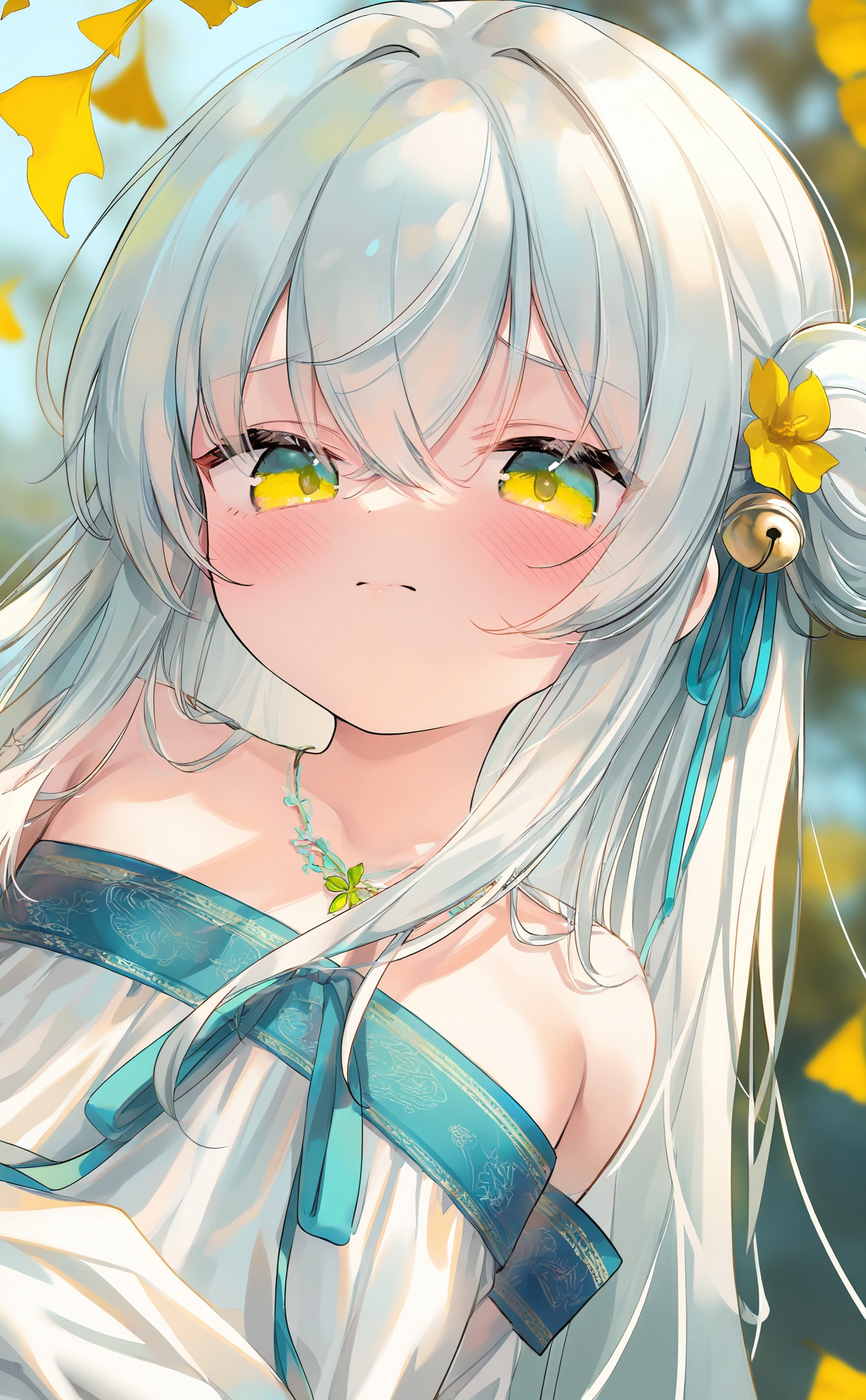 masterpiece,very aware,highres,absurdres,newest,best quality,loli,petite,high quality,chromatic_aberration,cinematic_angle,dutch angle,Light Blue Theme,//,hanfu,1girl, solo, hair_ornament, flower, hair_flower, white_hair, long_hair, green_eyes, hair_bun, looking_at_viewer, leaf, yellow_flower, blurry_background, blurry, ribbon, hair_ribbon, hair_between_eyes, portrait, closed_mouth, yellow_eyes, bell, ginkgo_leaf, blush, single_hair_bun, hair_bell, depth_of_field, upper_body, crossed_bangs, necklace, jewelry, bare_shoulders, blue_ribbon, single_side_bun, looking_to_the_side, white_dress, falling_leaves//,//,official art,depth of field,detailed light,blurry background,best shadow,shiny skin,cinematic lighting,ray tracing,amazing quality,very aesthetic,absurdres,beast quality,ultra detailed,newest,8K,HDR,//,<lora:guizhencao——【noob】hans:0.88>,