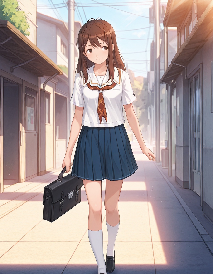 masterpiece, best quality, amazing quality, detailed background,1girl, looking forward, walking with school bag, residential street, morning sunlight, light breeze, blazer fluttering, gentle expression, quiet suburban neighborhood, everyday routine, smile,<lora:yuumi_hoshino-kimikiss_pure_rouge_s1-ixl-anime-soralz:1>, yuumi hoshino (kimikiss pure rouge), long hair, antenna hair, hairclip, sidelocks, brown eyes,school uniform, white serafuku, white sailor collar, orange neckerchief, plaid neckerchief, short sleeves, blue pleated skirt, white kneehighs, black loafers