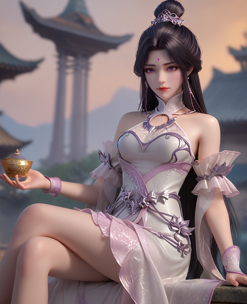 (oriental architecture, elegant decor, sophisticated style:1.1),sitting on lap,(breasts:1.2),<lora:XL16完美世界月婵:0.95>,miss yuechan,solo,pinkish white corset,sash,pinkish white sheer fabric skirt,purple eyes,forehead jewel,traditional chinese updo,black hair,very long hair,hair ornament,bare shoulders,detached sleeves,wristband,, zPDXL2, score_9, score_8_up, score_7_up BREAK realistic, masterpiece,best quality, highly detailed,, zPDXL3, zPDXL2,zPDXL, zPDXLxxx, zPDXLrl,