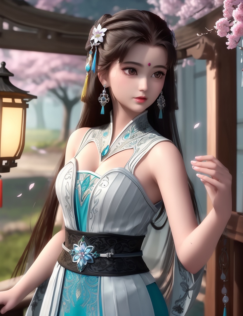 ultra realistic 8k cg, picture-perfect face, flawless, clean, masterpiece, professional artwork, famous artwork, cinematic lighting, cinematic bloom, perfect face, beautiful face, fantasy, dreamlike, unreal, science fiction,  beautiful clothes, lace, lace trim, lace-trimmed legwear,  (rich:1.4), prestige, luxury, jewelry, diamond, gold, pearl, gem, sapphire, ruby, emerald, intricate detail, delicate pattern, charming, alluring, seductive, erotic, enchanting, hair ornament, necklace, earrings, bracelet, armlet,halo((,1girl, ,))(((,teenage,full moon,lantern, cherry blossoms, 1girl, tree, spring_\(season\), solo, black_hair,chinese clothes,looking at viewer, upper body, ))) <lora:DA_LanLingEr:0.6>