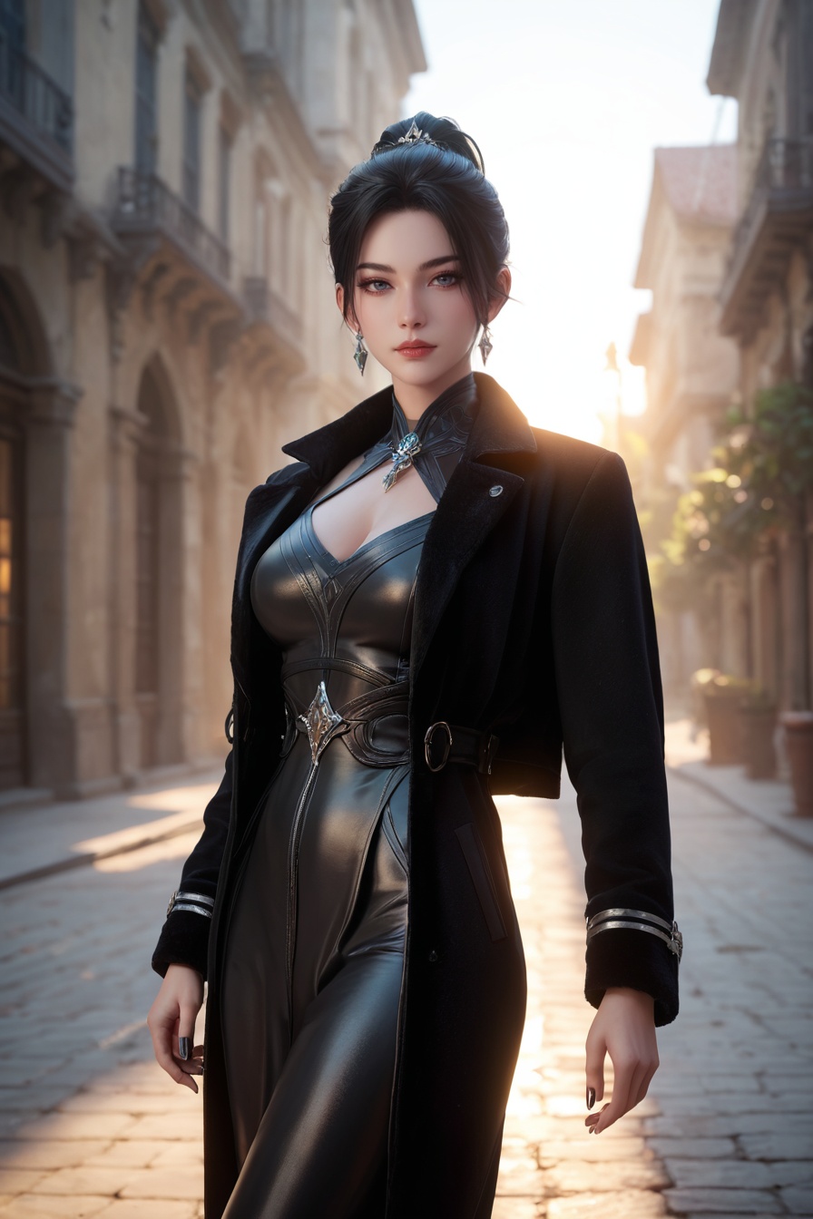 score_9,score_8_up,score_7_up,best quality,masterpiece,high resolution,flawless skin,perfect lighting,sharp focus,1girl,solo,<lora:宁姚:0.7>,official alternate costume,black coat,