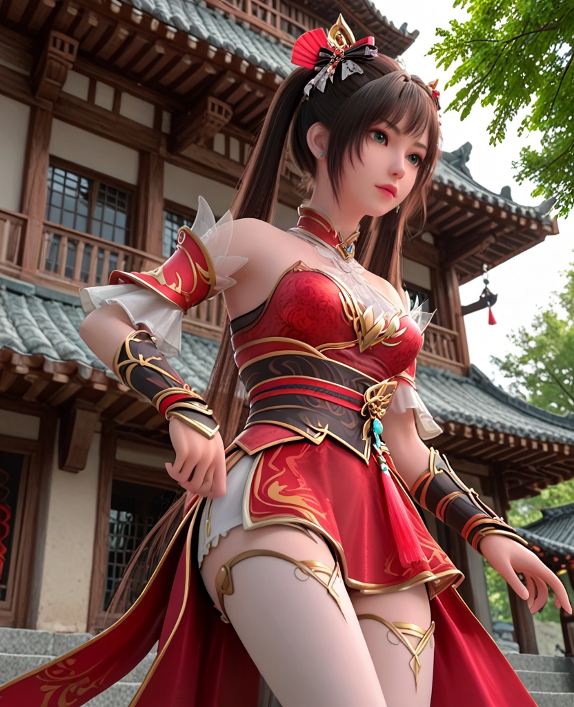 (oriental architecture, elegant decor, sophisticated style:1.1),(climbing:1.1),(breasts:1.2),<lora:XL神墓楚钰白丝:0.95>,miss chuyuhei,red minidress,green eyes,black hair,twintails,hair ornament,detached sleeves,bare shoulders,sash,detached collar,red fart curtain,bracer,jewelry,earrings,white thighhighs,, score_9,score_8_up,score_7_up,score_6_up,score_5_up,score_4_up,3d rendering,tag1,tag2, Cinematic Lighting,backlighting,