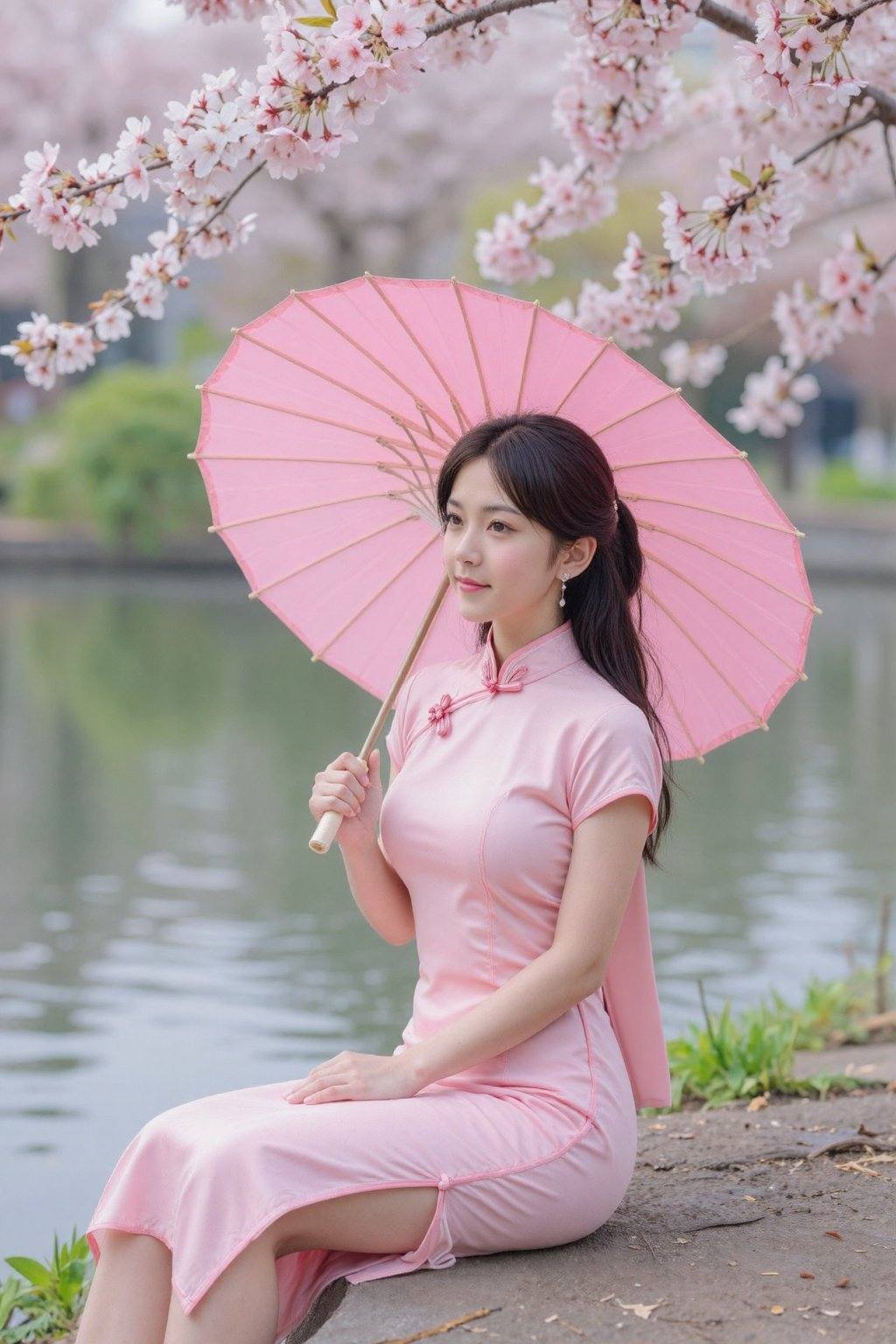 一位身着粉色旗袍、手持粉色阳伞的美丽亚洲女子,  坐在宁静的湖边,  周围环绕着盛开的樱花 on Tensor.Art
