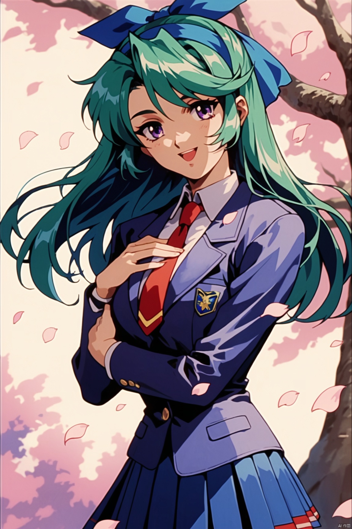 score_9,score_8_up,score_7_up,score_6_up, retro artstyle, 1980s (style),1girl,solo,long hair,skirt,hairband,school uniform,open mouth,purple eyes,necktie,pleated skirt,petals,blazer,jacket,blue skirt,hair bow,bow,long sleeves,smile,blue hair,green hair,hand on own chest,tree,looking at viewer