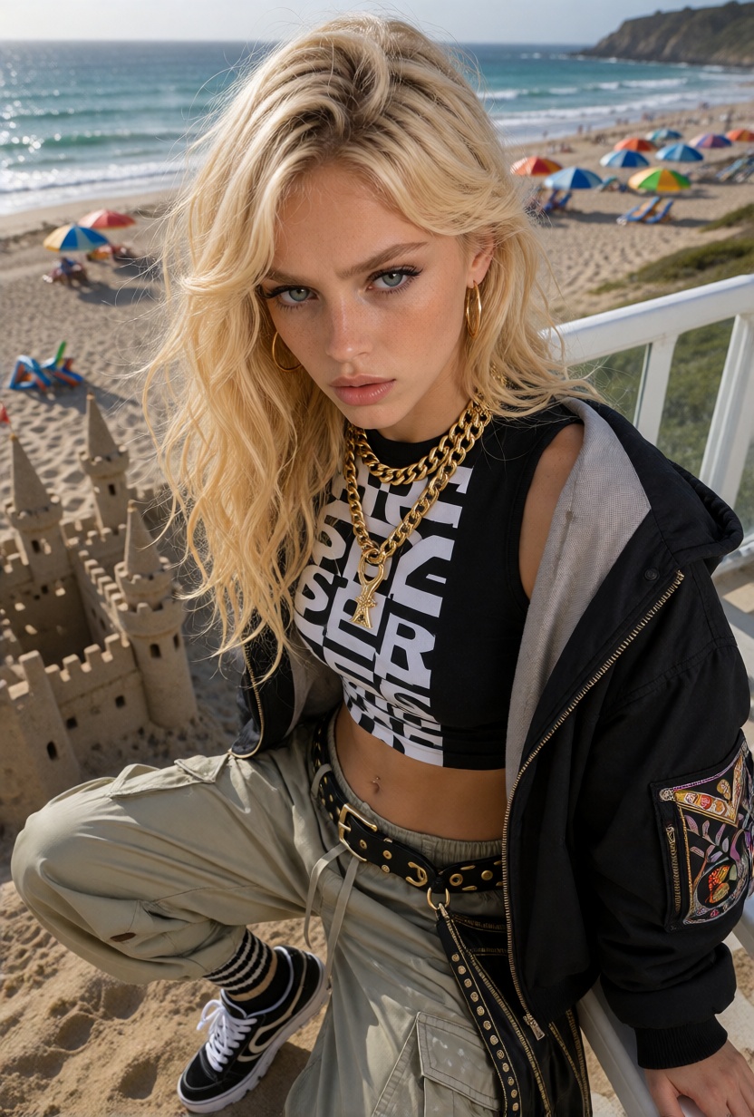 JillX,  long voluminous blonde hair styled in tousled loose waves with a soft side part. A photorealistic photo of a 24-ye...