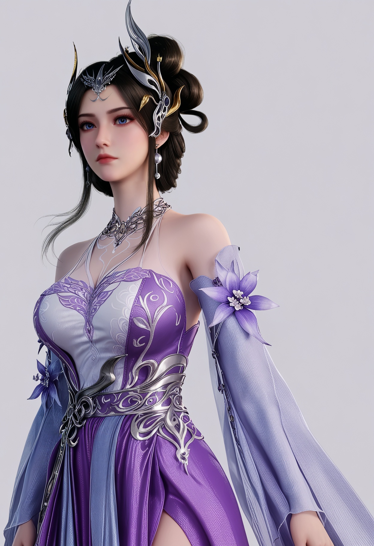score_9,high detail,best quality,cinematic lighting,volumetric lighting,shiny skin,shiny,1girl,solo,blue eyes,white background,dress,hair ornament,jewelry,expressionless,closed mouth,purple dress,large breasts,black hair,flower,earrings,detached sleeves,bare shoulders,hair bun,simple background,realistic,looking_at_viewer,thighs,<lora:QQSponybaixueV1:0.8>,<lora:Pony_DetailV2.0:0.8>,<lora:皮肤凹痕:0.1>,