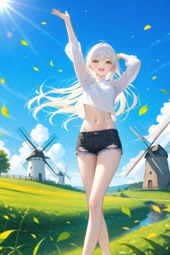 (masterpiece),(best quality),illustration,ultra detailed,hdr,Depth of field,(colorful),1girl,solo,outdoors,shorts,sky,long hair,cloud,navel,falling leaves,cutoffs,arms up,crop top,smile,grass,windmill,midriff,day,black shorts,long sleeves,floating hair,stomach,wind,blue sky,standing,open mouth,shirt,short shorts,denim,white hair,white shirt,yellow eyes,:d,torn shorts,feet out of frame,looking at viewer,denim shorts,leaf,thighs,