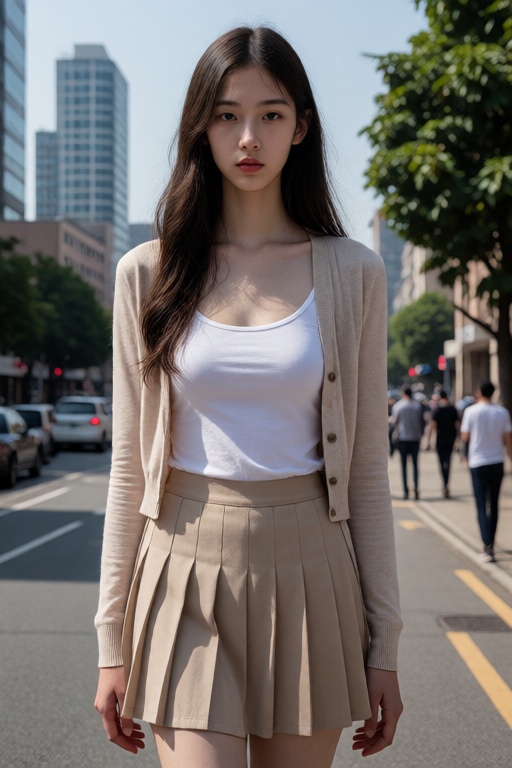 This is a high-resolution photograph featuring a young Asian woman walking on a city street. She has long,  dark brown hai...
