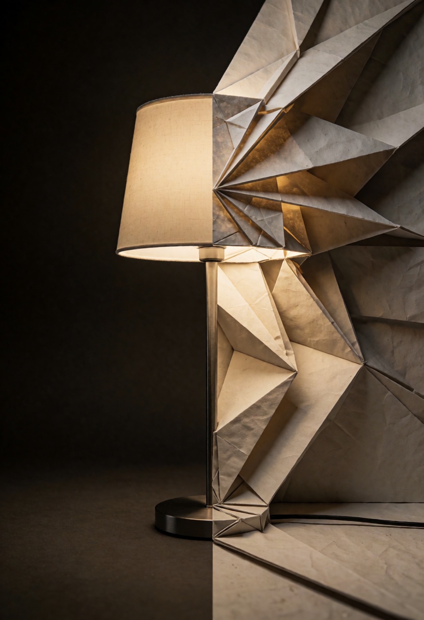 ta86_realityfracture,  a tall table lamp standing in a dark minimal room,  off-center composition on Tensor.Art