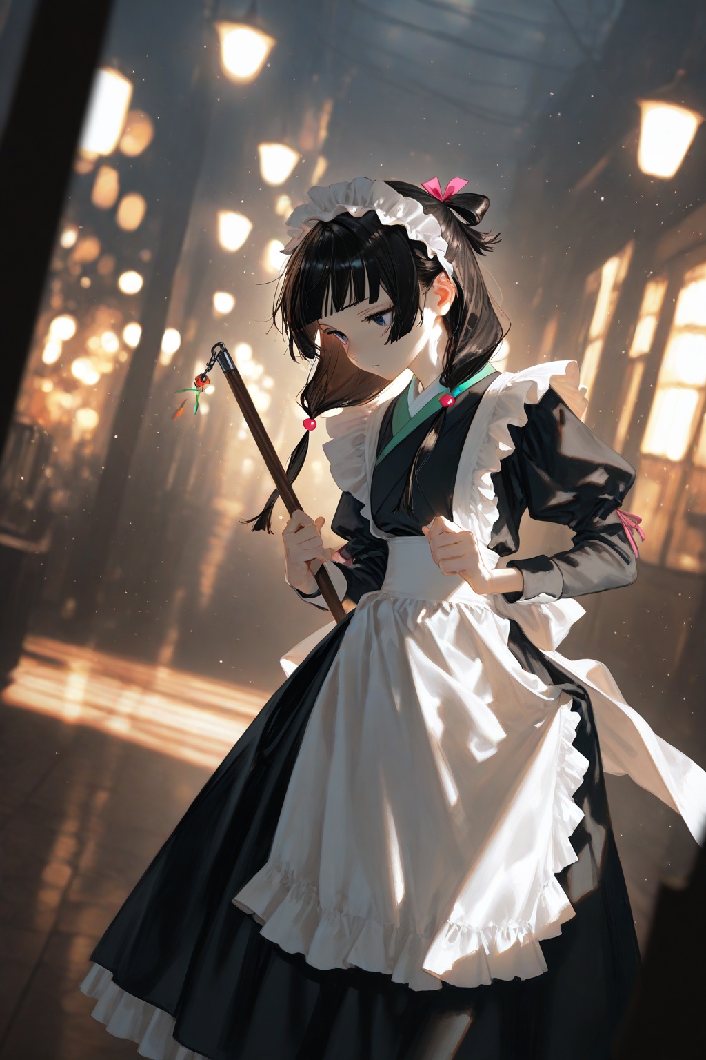masterpiece,best quality,amazing quality,very aesthetic,absurdres,newest,extreme aesthetic,in the style of fashion photography,light particles,cinematic lighting,Visual impact,sharp focus,Emotionalization,depth of field,dutch angle,scenery,(dino_(dinoartforame):0.5),(yoneyama mai:0.5),(Yomu:0.3),(quasarcake:0.4),(wlop:0.3),1girl,solo,maomao \\(kusuriya no hitorigoto\\),maid,