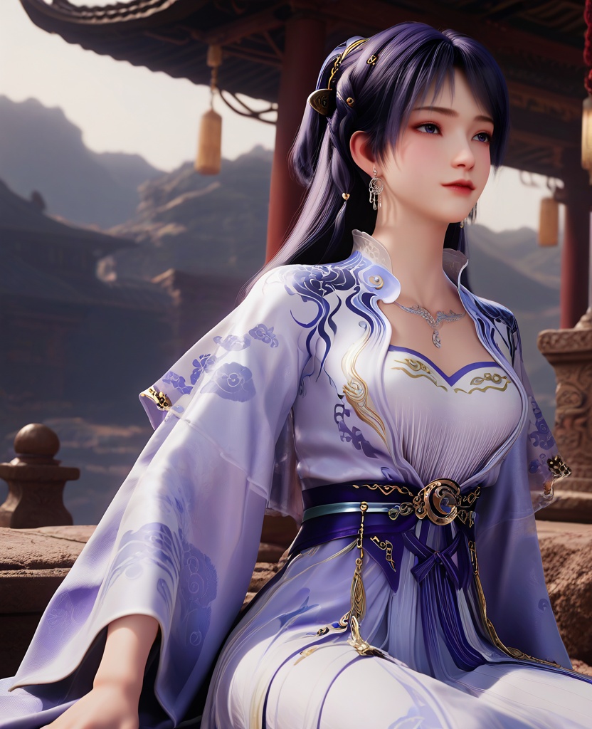 (oriental architecture, elegant decor, sophisticated style:1.1),(Sitting on a rock or boulder, looking peaceful:1.1),(breasts:1.2),<lora:XL16遮天姬紫月宫装:0.95>,miss jiziyue,pastel blue wrap coat,white see-through lining dress,sash,dark purple hair,high tie half ponytail,long hair,hair ornament,earrings,necklace,lips,, score_9,score_8_up,score_7_up,score_6_up,score_5_up,score_4_up,3d rendering,tag1,tag2, Cinematic Lighting,backlighting,