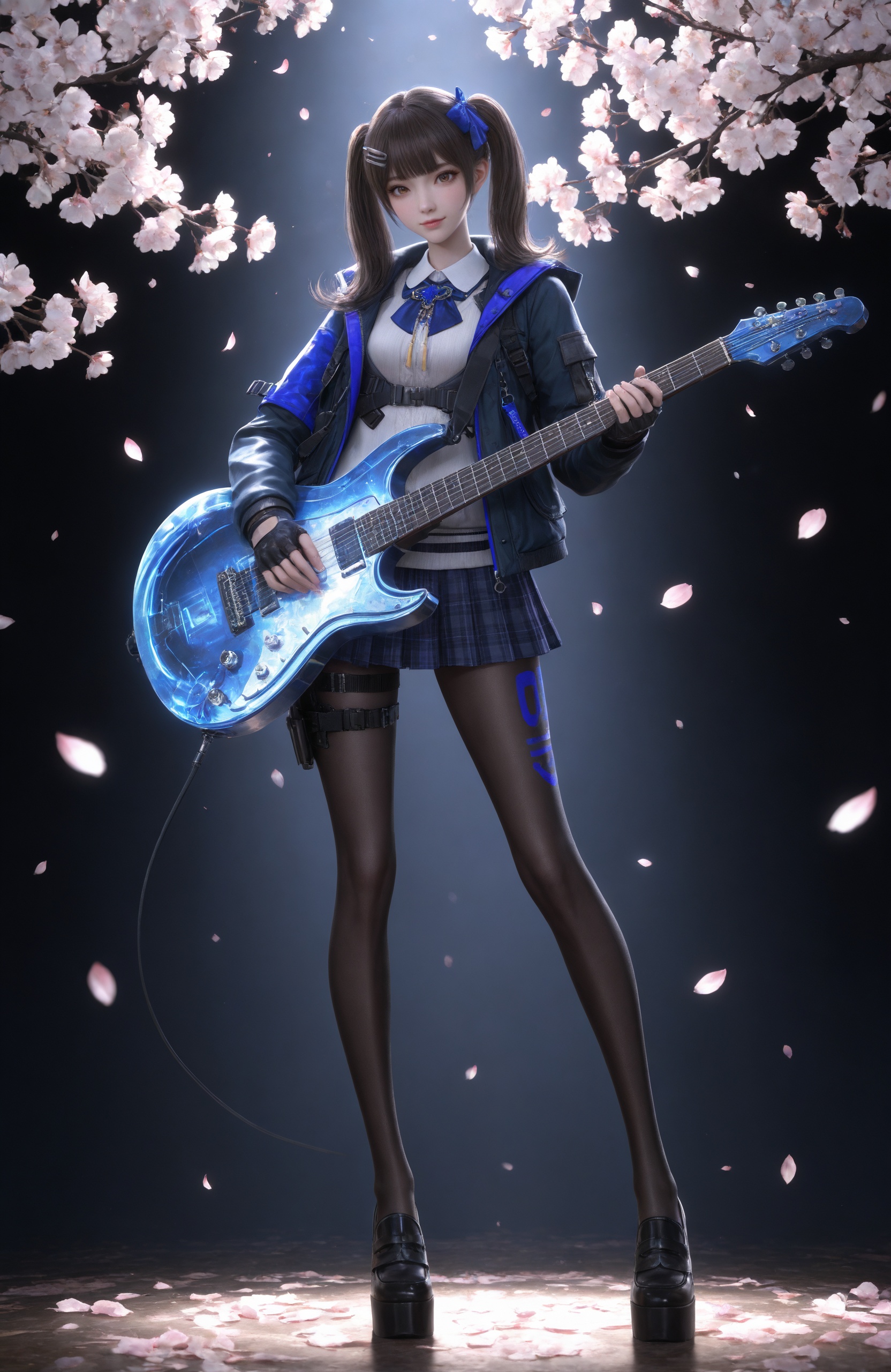 Nai3 style,realistic style photo,outstanding style,Use soft lighting to cast gentle shadows on the subject,adding a touch of dimension to your images without compromising details,whirls of vapor,(Anime:1.1),soft neon light,ethereal ambiance,delicate details,magical atmosphere,concept art,highly detailed,ultra-high resolution,32K UHD,sharp focus,best-quality,masterpiece,golden hour,unconventional supreme masterpiece,masterful details,temperate atmosphere,with a high-end texture,in the style of fashion photography,magazine style,Dynamic Angle,Dynamic posture,magazine style,Dynamic Angle,Dynamic posture,(cowboy_shot:1.2),eye trail,depth of field,cinematic lighting,lens flare,close-up,extreme aesthetic,(wlop:0.6),(honjou raita,lack,rella,wanke:0.5),masterpiece,best quality,good quality,newest,year 2025,very aesthetic,absurdres,Visual impact,A shot with tension,ultra-high resolution,32K UHD,sharp focus,best-quality,masterpiece,Emotionalization,unconventional supreme masterpiece,masterful details,temperate atmosphere,with a high-end texture,in the style of fashion photography,(Visual impact:1.2),giving the poster a dynamic and visually striking appearance, <lora:CF-关小羽v1-IL:0.7> 1girl, twintails, brown hair, blue bow,  brown eyes, hairclip, white shirt, open jacket, pleated skirt, plaid skirt, long sleeves, black fingerless gloves,black pantyhose, thigh strap,holster,black footwear,stangding,cherry blossoms,instrument,branch,guitar,electric guitar,holding instrument