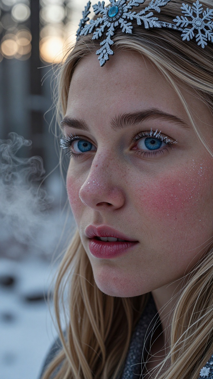 Winter goddess depicted as close-up portrait with frosted lips and rosy flush on her cheeks in frozen forest setting. Her...