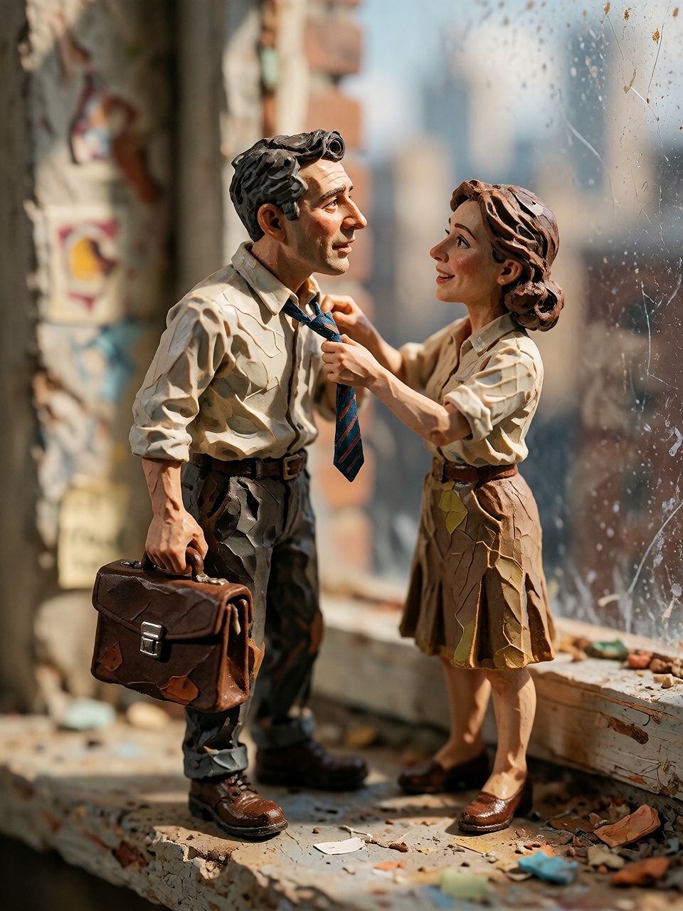Close-up macro photograph of a handmade miniature diorama. A young woman carefully straightens her friend's crooked neckti...